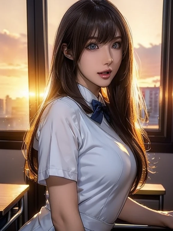 (cool beauty), (Teachers uniform:1.5), (realistic, realistic photo: 1.37), high definition RAW photograph, high definition and beautiful, 8k wallpaper, Amazing details, highly detailed beautiful girl, Extremely detailed face, (Finely defined super beautiful eyes:1.2), Depth of written boundary, natural soft lighting, UHD, Realistic Skin, evening sunset, (evening sunset outside the window:1.2, sunset through window:1.2), From inside the classroom, cute girl, (Tight hair), (ultra straight hair), Swept long bangs, amber hair, skinny body, Curvaceous, Beautiful breasts, small breasts, pale skin, pointed breast, erotic body, (Erotic face, Open your mouth just a little, Ecstatic expression), (Best Quality, High quality, High Definition, high quality texture, high detailing, Beautiful detailed, fine detailed, extremely details CG, masterpiece), Detailed texture, realistic representation of face, presence, Dynamic, Bold), Ultra detailed skin, Perfect Face, looking at the viewer, Backlight, Standing by the window, Highlights in the eyes, enchanting eyes, awesome solo, whole body, The expression when enduring pleasure,