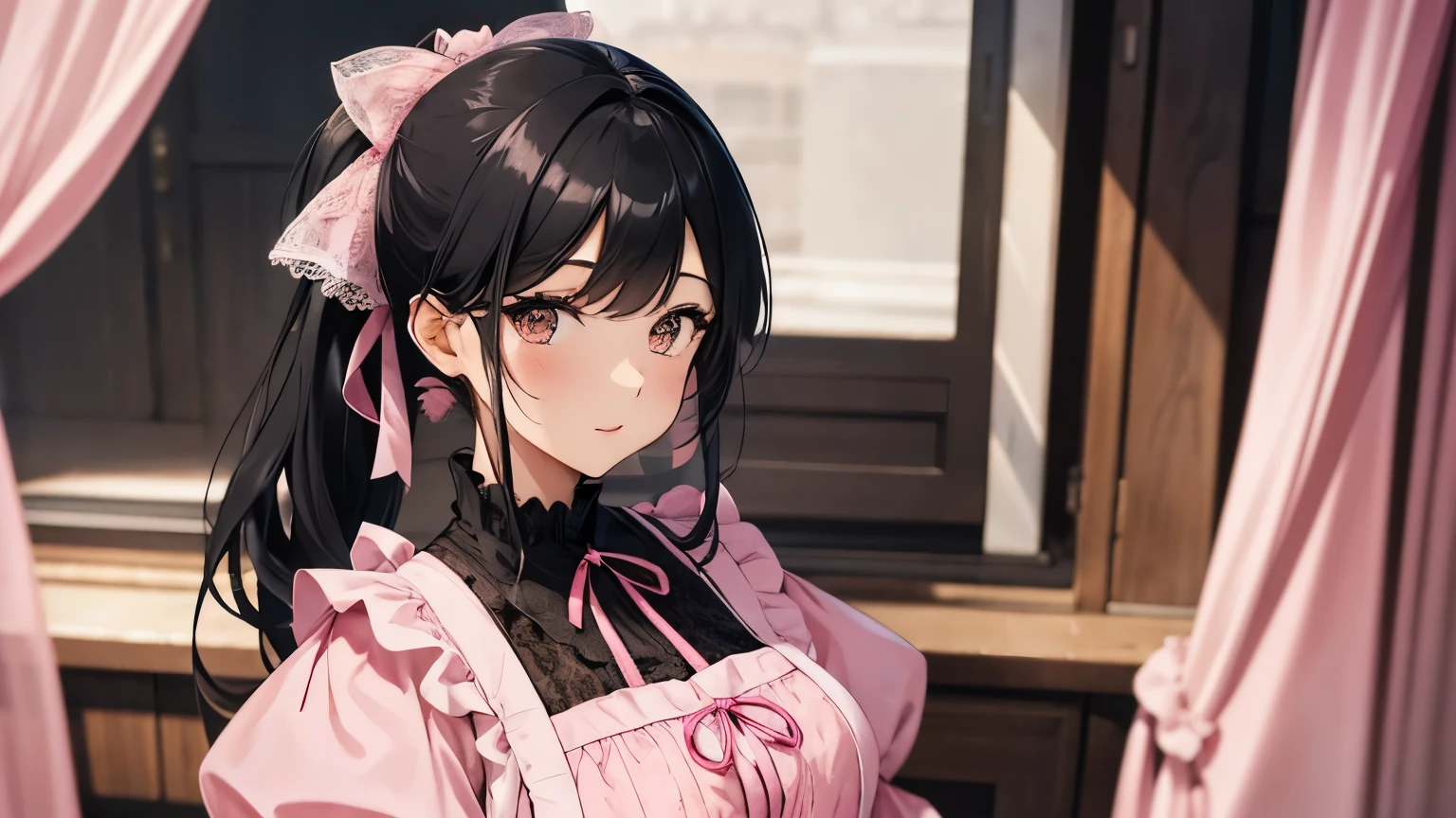 A beautiful woman wearing a pink apron dress with lots of frills and lace　Long sleeve　Black hair ponytail with ribbon　Upper Body　lipstick