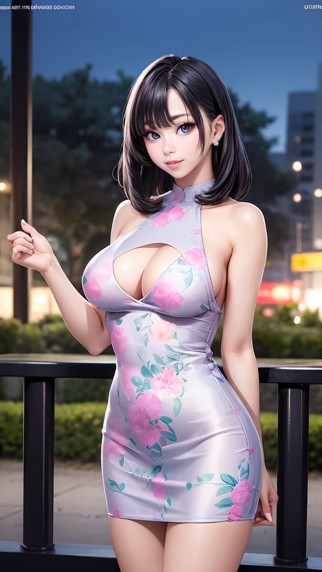 (best quality, photorealistic, ultra-detailed), perfect body proportions, slim fit, big breasts, printed designer minidress, city park, late evening