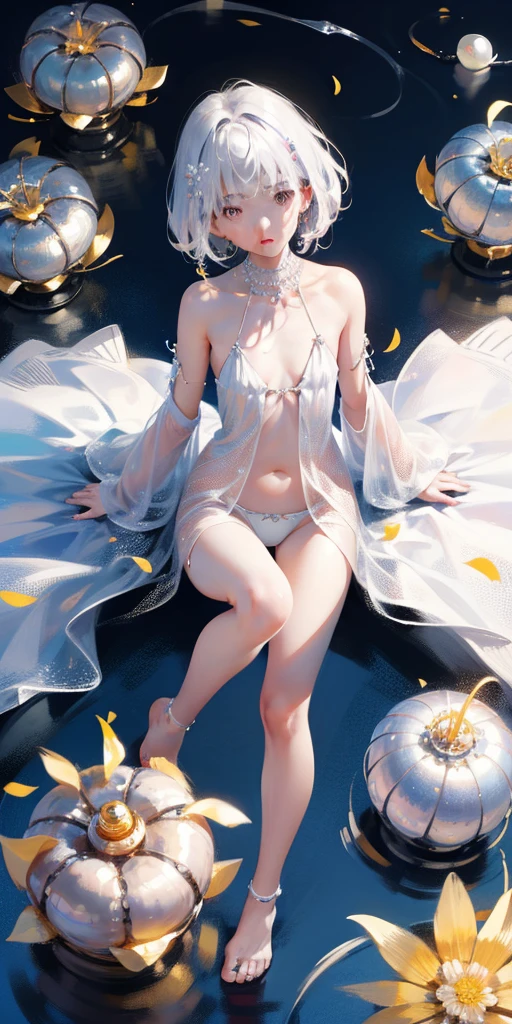 A girl、symmetry,Daughter,whole body female love,Put your hands together and bloom,(Very detailed:1.1),((small :1.2))、The eyes are well drawn、Charming eyes、Double tail、Wear jewelry and pearls around your neck,Transparent openwork、Deep V、Crystal Pearls、在Wear jewelry and pearls around your neck,white hair, show your thighs, Bare shoulders, Show clavicle, Yao Liu, barefoot,((whole body))、painful posture