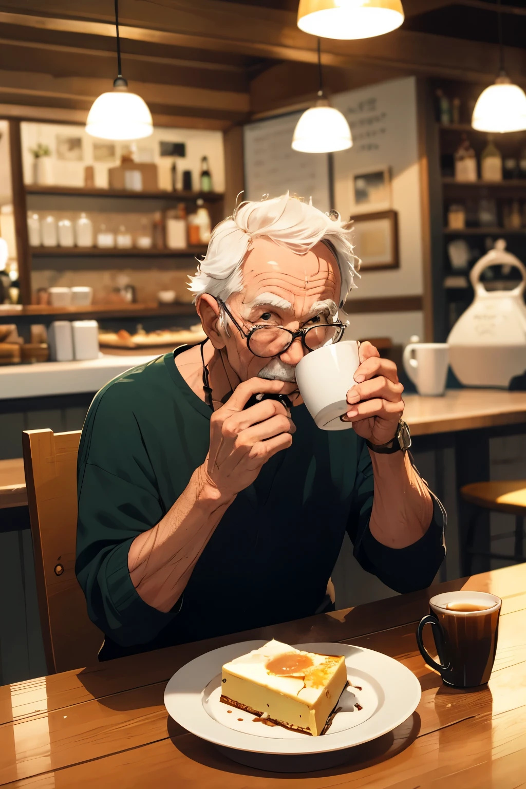 Old man is drinking a Cup(1)the black coffee on the table still felt hot, there are cheesecake snacks on a small plate, green atmosphere