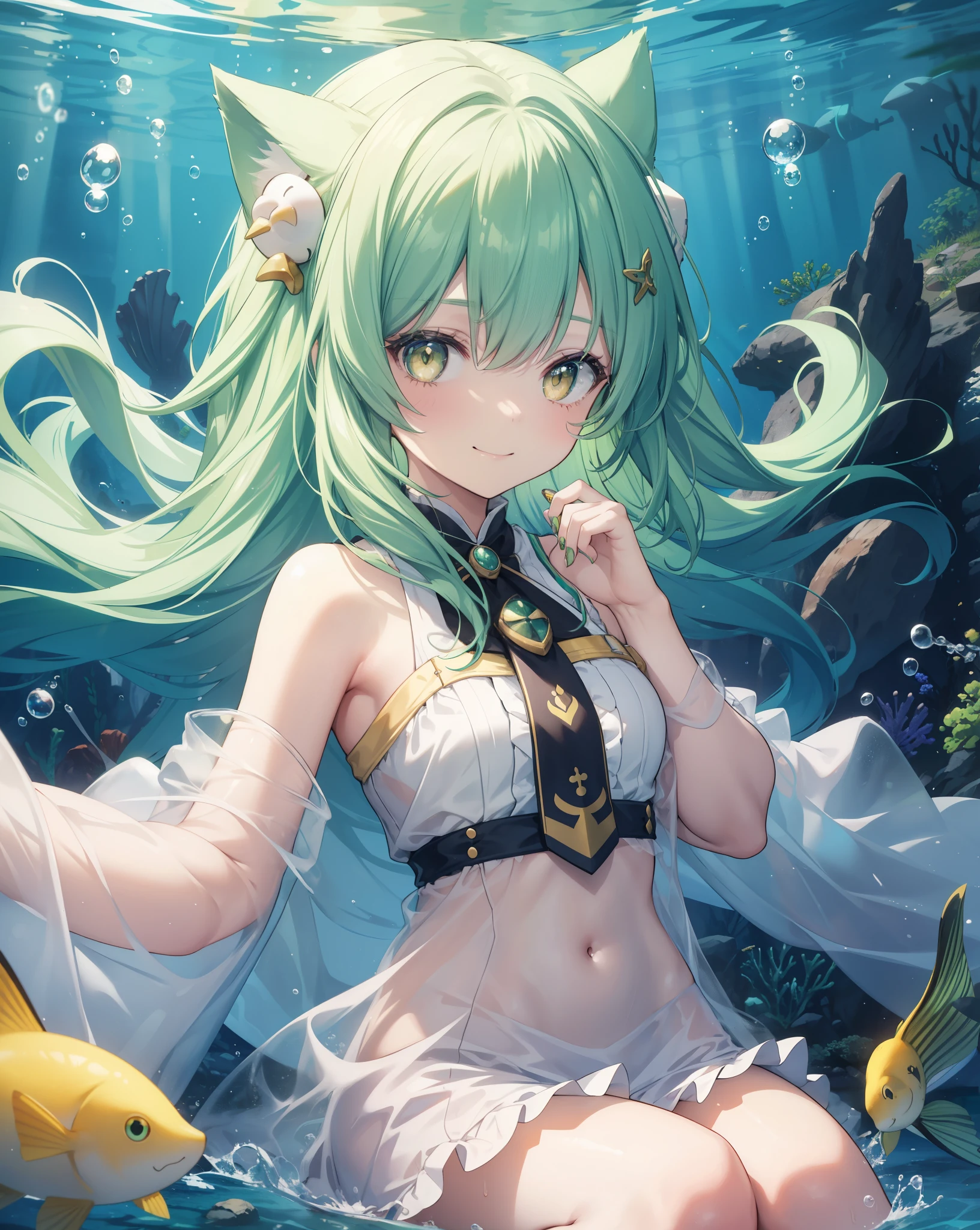 1girl, neko ears, green hair, yellow eyes, living in a bubble under the sea. She is playing with some fishes, she's happy. Scenery underwater. She is smiling. She is making bubbles. Funny.