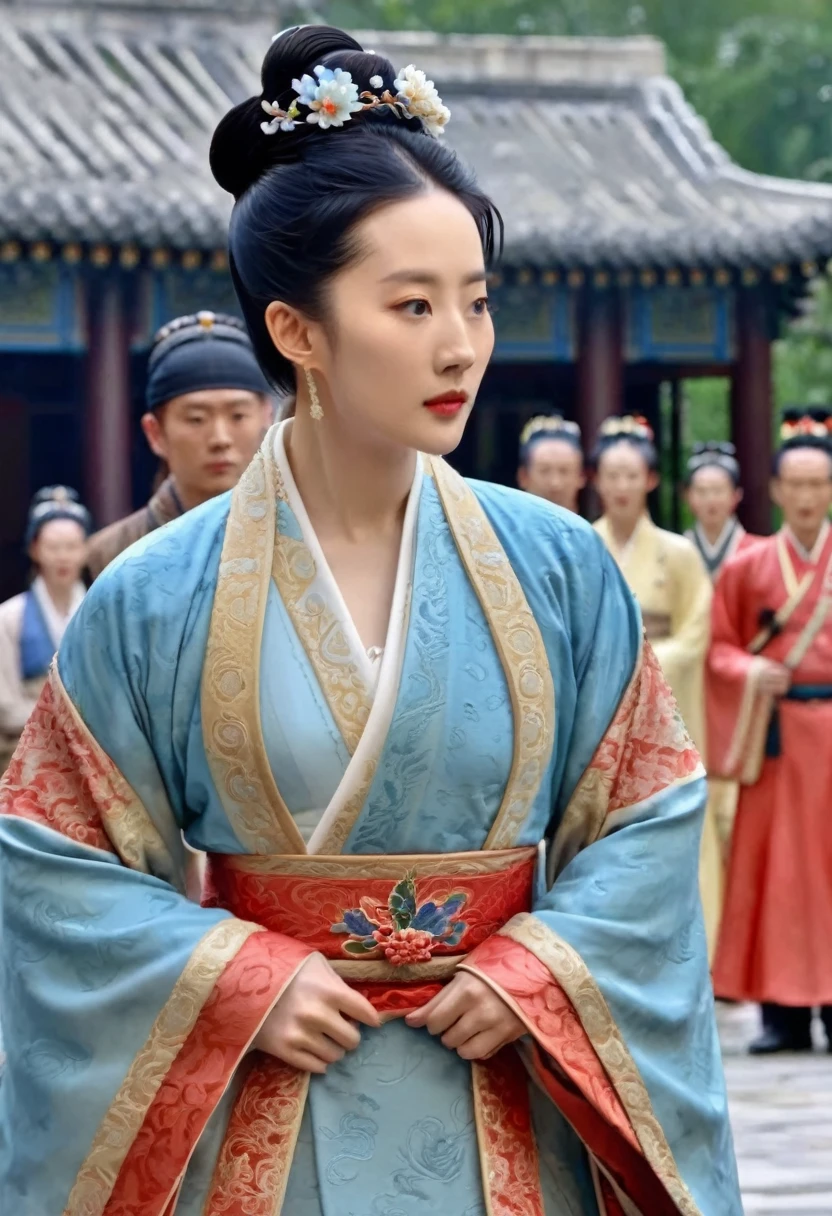 Chinese actress Xu Xun in The Legend of Ruyi (Zhou Xun) The Qing Dynasty Empress, standing in front of the crowd, had a large chest, thick hair, and hair on her lower abdomen. Her hair was tied up and pulled up, with a gorgeous flower ornament on both sides.、A perverted erotic woman wearing the crown of a Qing Dynasty empress. The background is the stone paving of a Chinese palace during the Qing Dynasty. She is naked without underwear on the stone paving outside a Chinese palace during the Qing Dynasty.、