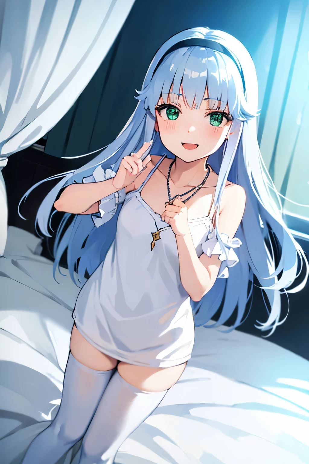 Long silver hair, green eyes, headband, necklace, white clothes, beautiful thighs, smile, happy, bedroom