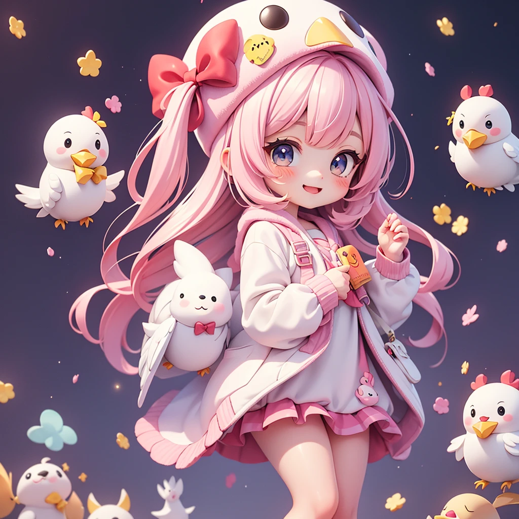 The characters are playing、Smiling with love , The character folded his hands and pleaded. , Wearing a chicken costume、Wearing a hat、cartoon girl holding something in hand, The cutest kawaii stickers ever, Cute digital art, 《Q version girl》, Cute anime style, Lovely and detailed digital art, Anime Q version, Cute anime girl, Chibi anime girl, Ruan cute vtuber, Sticker illustrations