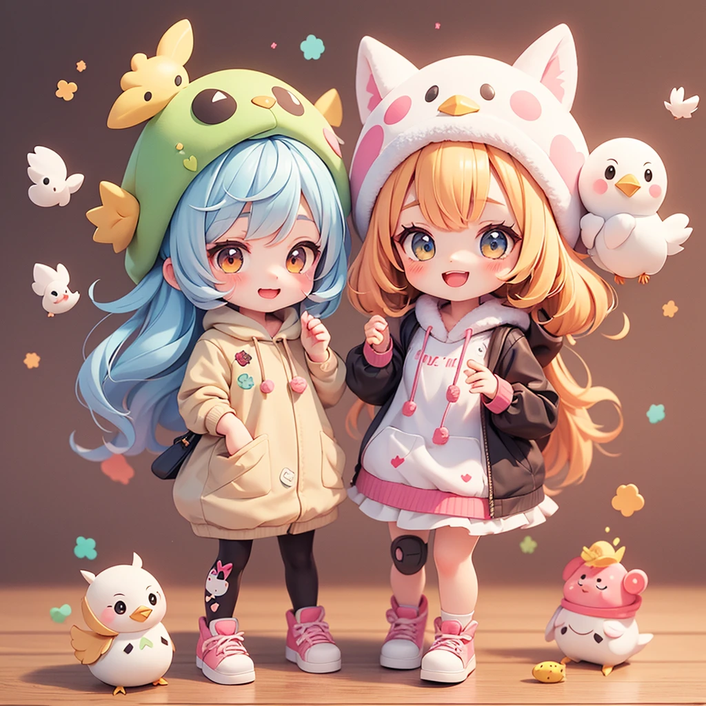 The characters are playing、Smiling with love , The character folded his hands and pleaded. , Wearing a chicken costume、Wearing a hat、cartoon girl holding something in hand, The cutest kawaii stickers ever, Cute digital art, 《Q version girl》, Cute anime style, Lovely and detailed digital art, Anime Q version, Cute anime girl, Chibi anime girl, Ruan cute vtuber, Sticker illustrations