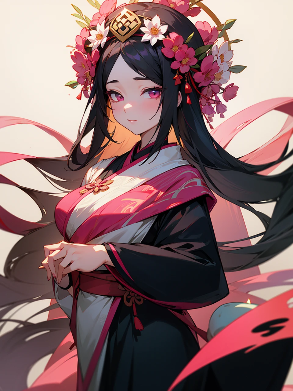 araffe woman in a pink dress with a wreath of flowers on her head, a color photo inspired by Lan Ying, trends in cg society, 真实感, Hanfu, Palace , a girl in Hanfu, ancient chinese princess, a beautiful fantasy empress, ancient china art style, Princess of the Ancient Asian Dynasty, chinese empress, white Hanfu, chinese princess,looking to the down,