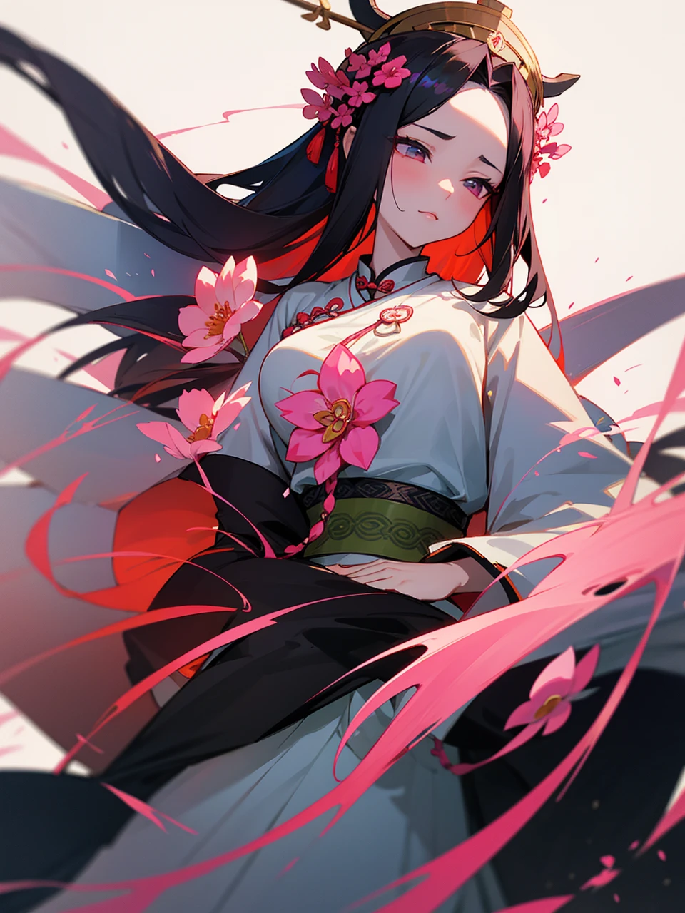 araffe woman in a pink dress with a wreath of flowers on her head, a color photo inspired by Lan Ying, trends in cg society, 真实感, Hanfu, Palace , a girl in Hanfu, ancient chinese princess, a beautiful fantasy empress, ancient china art style, Princess of the Ancient Asian Dynasty, chinese empress, white Hanfu, chinese princess,looking to the down,
