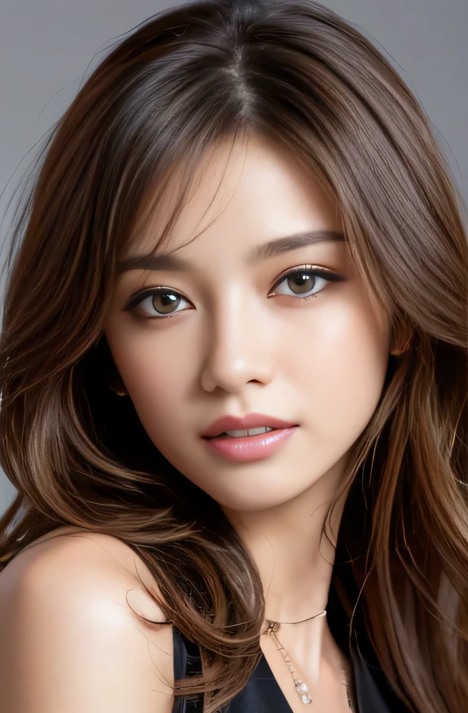 table top、highest quality、real、Super detailed、finely、High resolution、8k wallpaper、one beautiful woman、、light brown messy hair、He is wearing a black see-through dress shirt with an open collar、sharp focus、perfect dynamic composition、beautiful detailed eyes、thin hair、Detailed and realistic skin texture、smile、close up portrait、model body shape、President's Secretary、miniskirt、high heels、whole body