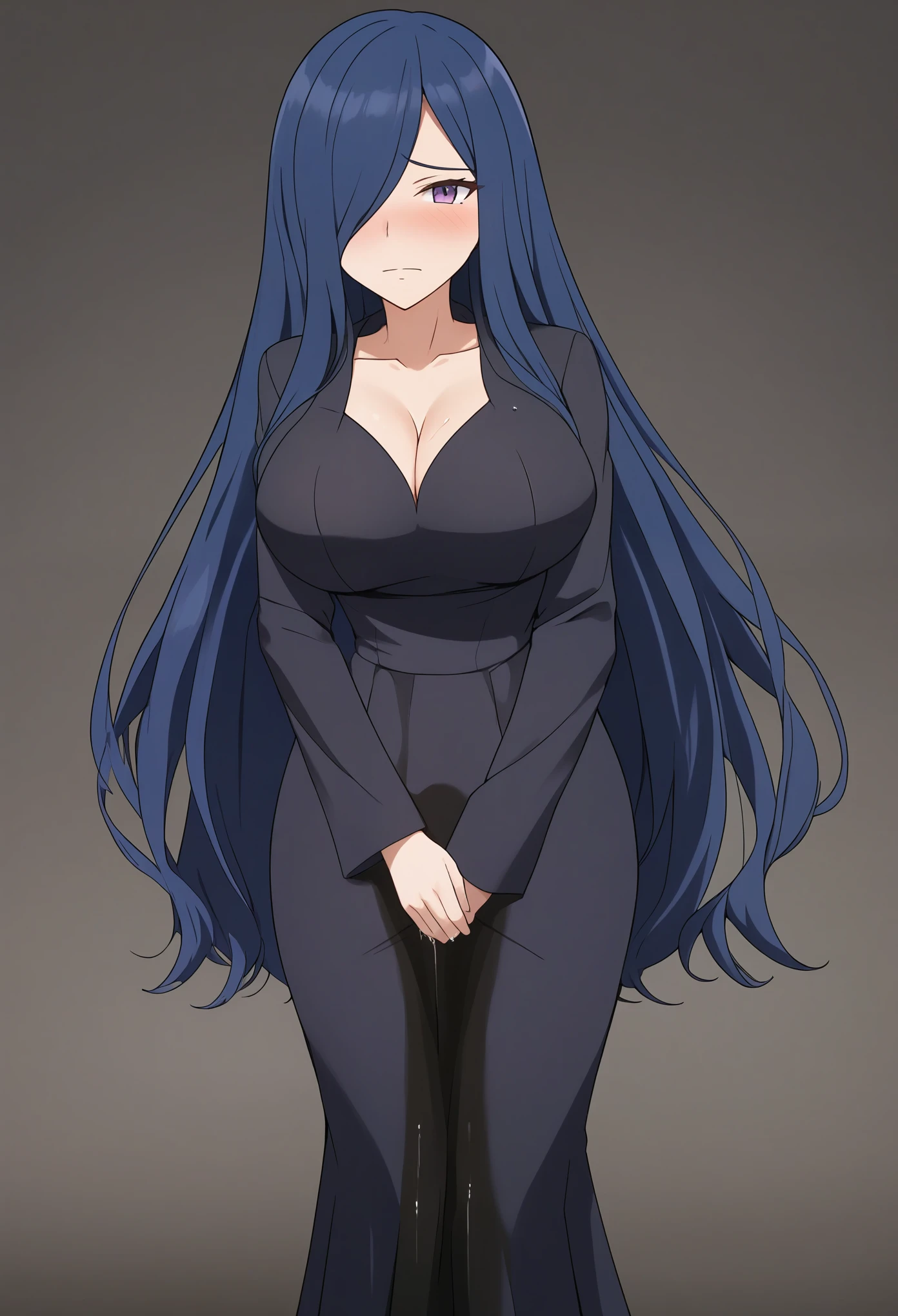 (high quality,Very detailed:1.37, High resolution), Woman, pokemoncynthia, large breasts, (very dark blue hair:1.5), hair over one eye, long hair, purple eyes, black coat, black dress, very long dress, skintight dress, coat, looking at viewer, masterpiece, best quality, (wetting herself:1.5), (embarrassed:1.5), (humiliation:1.5), (sweating:1.25), (blushing:1.5), (standing:1.5)