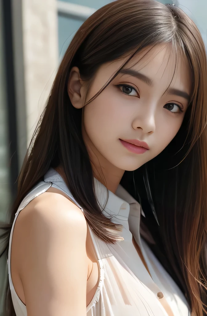 table top、highest quality、real、Super detailed、finely、High resolution、8k wallpaper、one beautiful woman、、light brown messy hair、He is wearing a black see-through dress shirt with an open collar、sharp focus、perfect dynamic composition、beautiful detailed eyes、thin hair、Detailed and realistic skin texture、smile、close up portrait、model body shape、President&#39;s Secretary、miniskirt、high heels、whole body