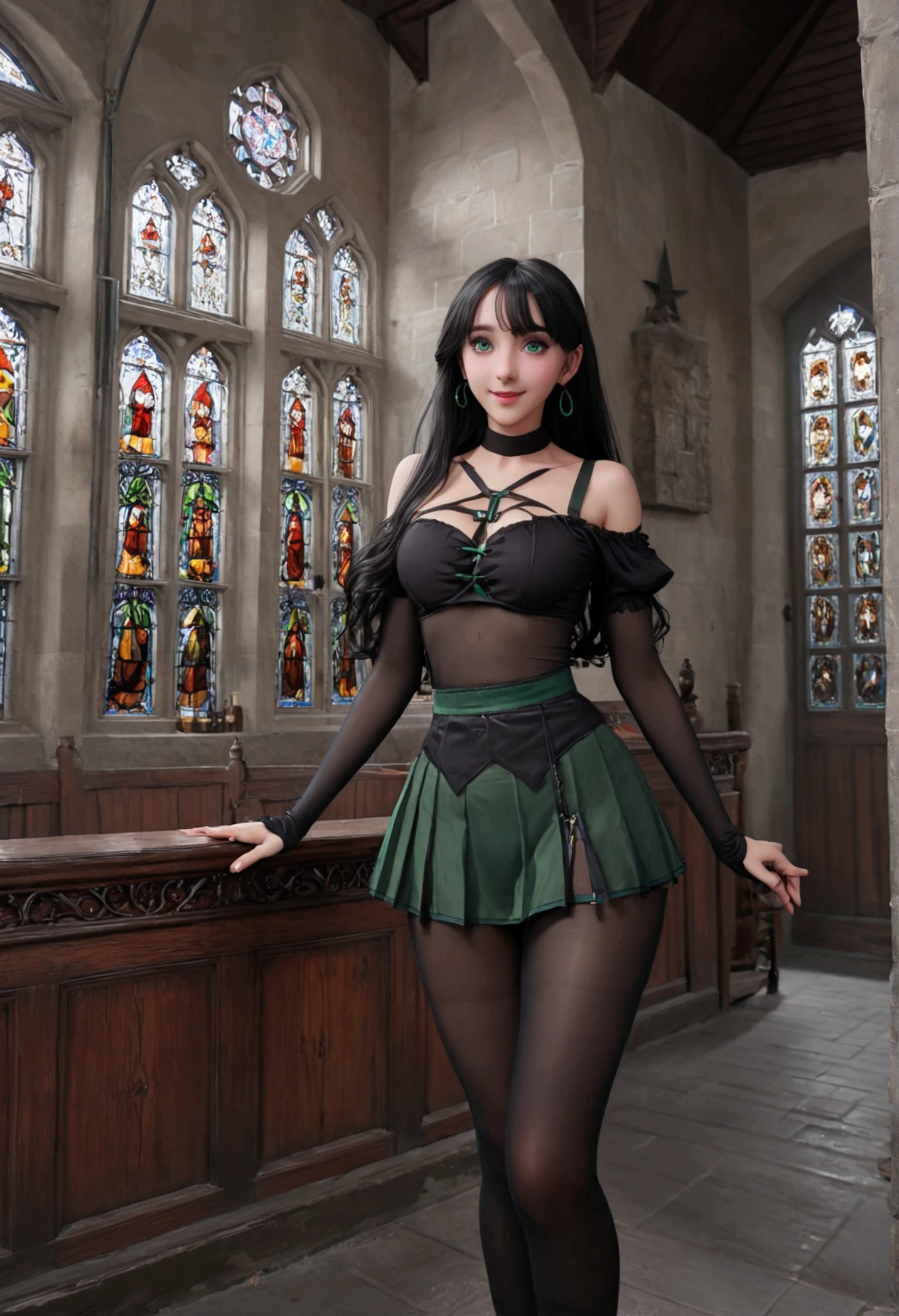 (8k、Best image quality、highest quality、masterpiece)、Detailed face、 One girl、daughter of severus snape , ,  , Black Hair、Long Hair、blunt bangs、Green Eyes、Earrings、smile、Large Breasts、((witch))、((skirt lift))、((black pantyhose))、((black panties))、Cowboy Shot、((Shoot from below))、altar、Stained glass、 Hogwarts Castle Background
