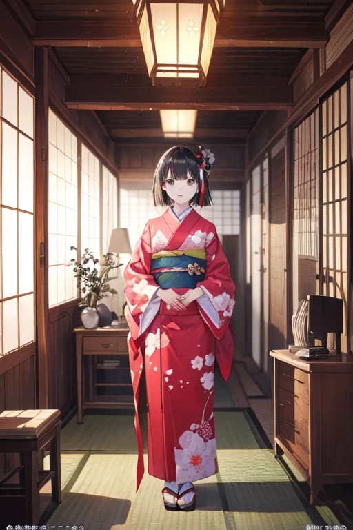 (Official Art、Highest quality、unity 8k wallpaper、32K、masterpiece、Very detailed、Ultra-high resolution、Oil painting style:1.2)、
thin、5～Children around 6 
(profile、Short Bob、Black Hair)、Realistic eyes、Sharp eyes、A beautiful woman in a kimono with red as the main color、(Very detailed顔と目、Beautiful Face、Very detailed肌、Fine skin:1.3)
(Pause、Standing posture、Full body view 1,7)
high definition background、Blurred Background、Japanese-style room、salon、A dark tatami room late at night Two blue fireballs flying in the room