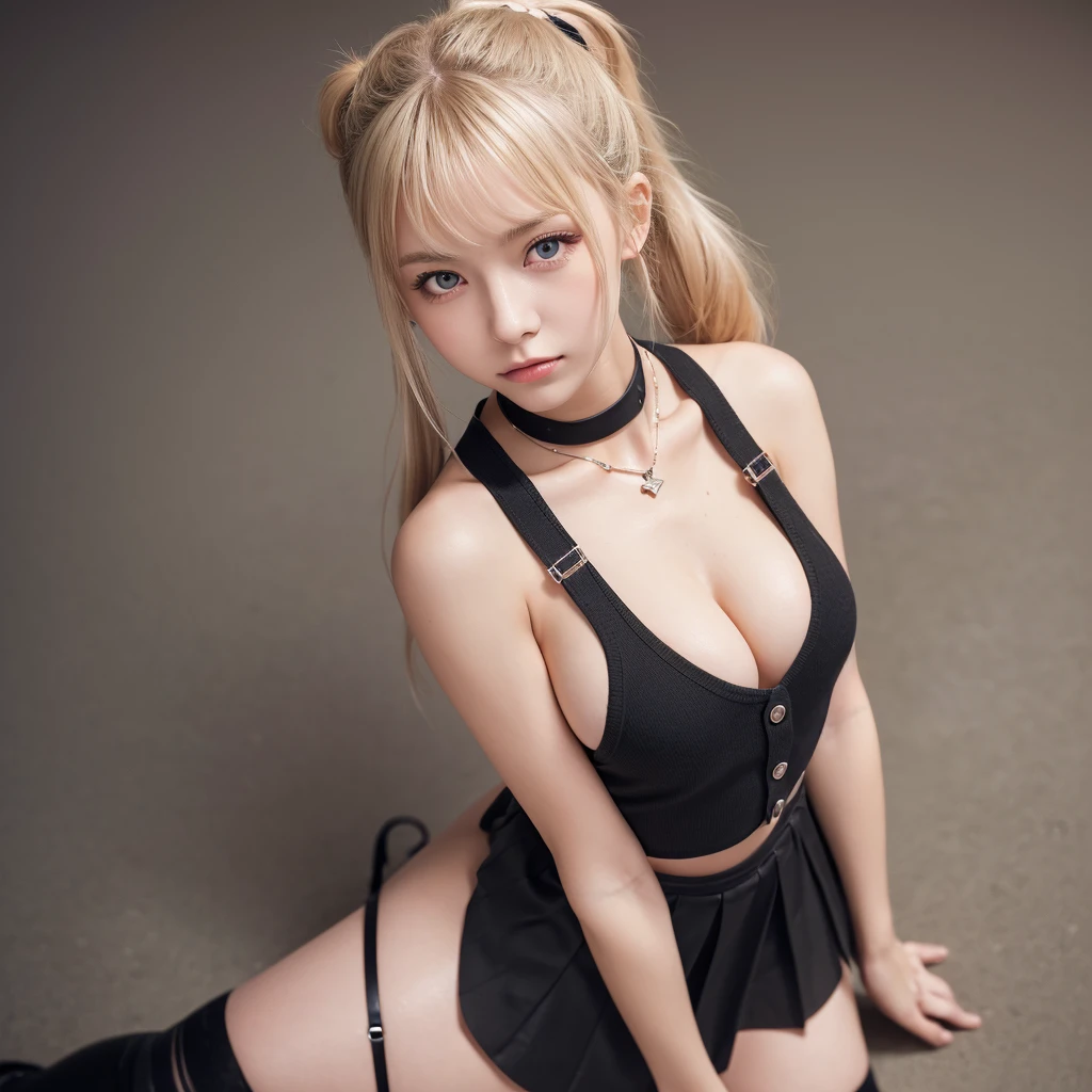 (Highest quality, High resolution, Pixel perfect, Depth of written border, 4K), Detailed eyes, (From above), (1 girl), Perfect body, Blonde, (Side Ponytail), , (topless), (black suspender skirt), necklace, (Knee-high), (Are standing), Leaning forward, (Hand on chin:1.2), (look up), blush, Embarrassing,