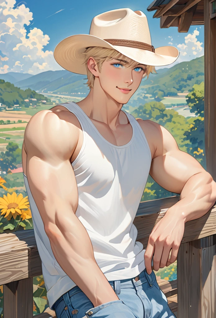 {{upper body}} {{Artist: sincos}} 1 boy, gentle and kind male, pale blonde hair, short hair, wispy bangs, soft blue eyes, soft smile, lithe body, broad shoulders, muscular, outside, leaning against wooden railing, hand on hat, white tank top, jeans, cowboy hat, sunny day, good quality