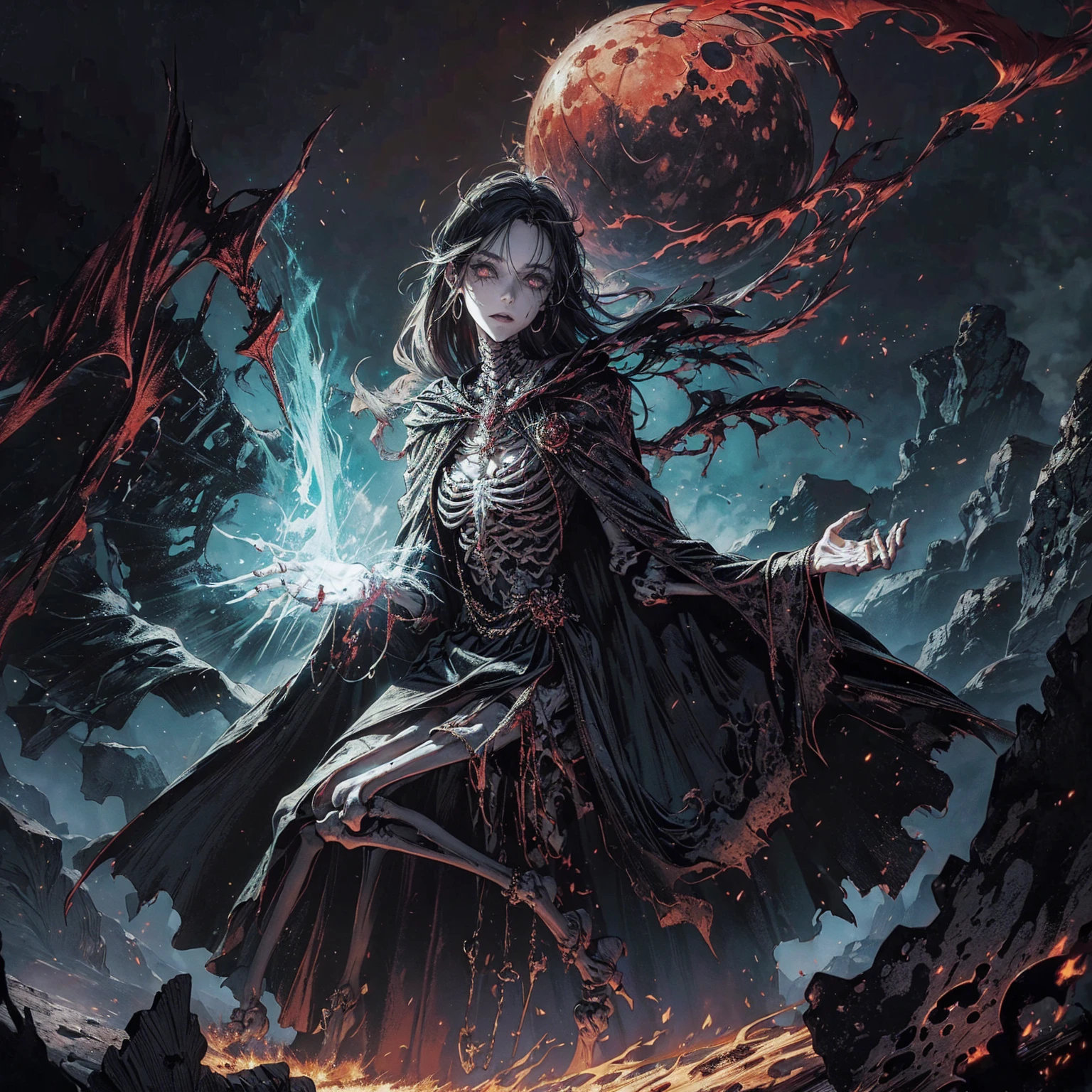 (full body:1.5), (wide shot:1.2), best quality, 4K, high resolution, (masterpiece:1.2), Very detailed, (actual:1.37), (anatomically correct:1.2), Mood lighting, A black hair young undead girl in a long cape, Whole body including hands & arms & legs & feet are all skeleton bones but except the head is still beautiful human face, Wearing a ragged gothic skirt, Shaded expression, Aloofness emotion, Dangerous sneer, beautiful but sorrowful smile, Black tears of blood flowed from eyes, lean on one side floating above ground, Facing the camera, Crucified, Pitch black sky, Blood-red moon, strange atmosphere, Gothic style, Unforgettable beauty, Dramatic shadows, Ethereal Light, Mysterious atmosphere, Necromancer, Dark Magic, Resurrection of the Dead, Resurrected zombies and skeletons roaming around