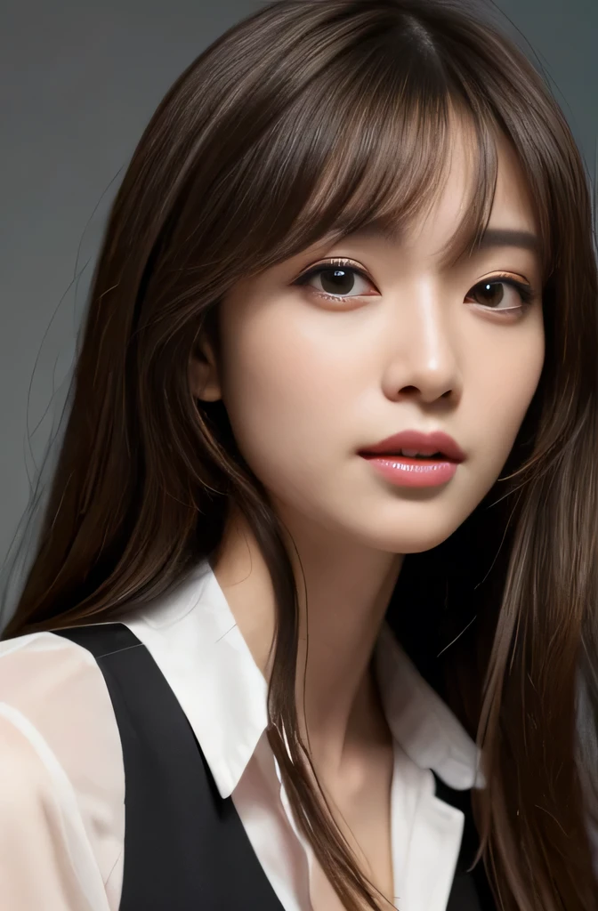 table top、highest quality、real、Super detailed、finely、High resolution、8k wallpaper、one beautiful woman、、light brown messy hair、He is wearing a black see-through dress shirt with an open collar、sharp focus、perfect dynamic composition、beautiful detailed eyes、thin hair、Detailed and realistic skin texture、smile、close up portrait、model body shape、President's Secretary、miniskirt、high heels、whole body、