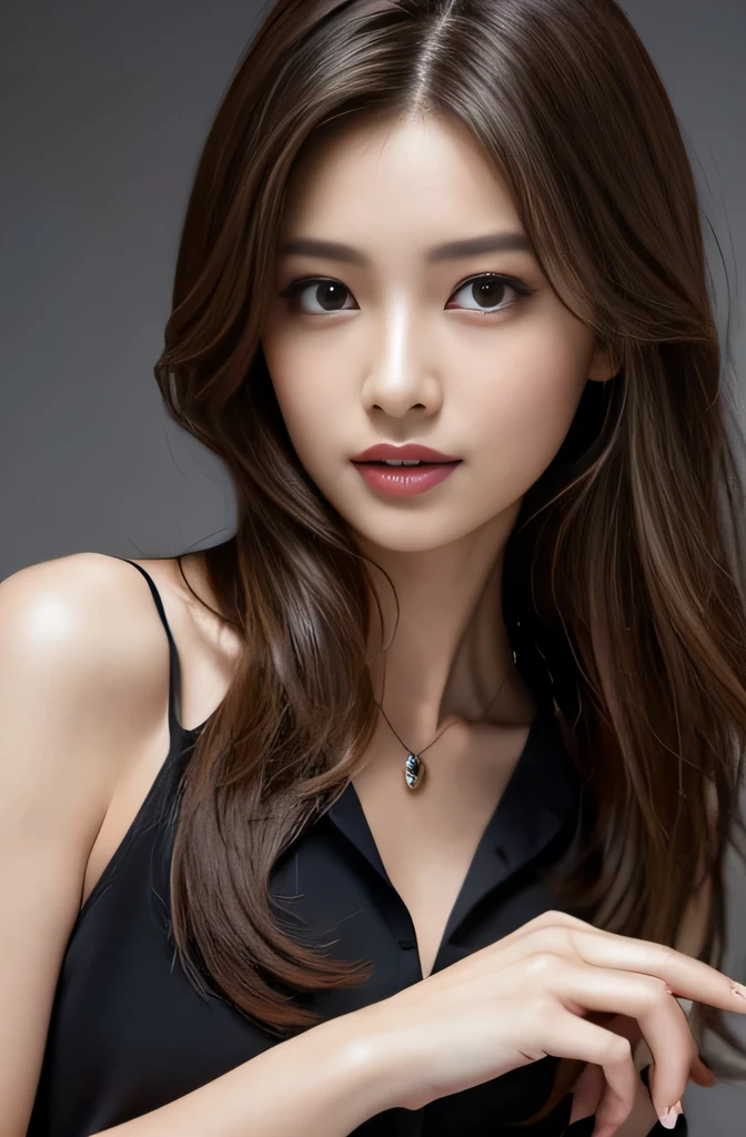 Tabletop, highest quality, Realistic, Very detailed, finely, High resolution, 8k wallpaper, One beautiful woman,, Light brown messy hair, He is wearing a black see-through dress shirt with an open collar........, Sharp focus, Perfect dynamic composition, Beautiful and detailed, Thinning hair, Detailed Realistic skin texture, smile, Close-up portrait, Model Body Type、president'secretary、mini skirt、High heels、