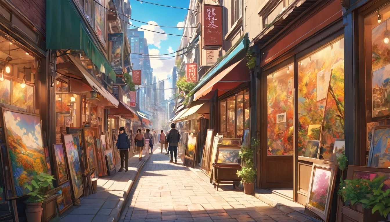 a busy anime-style street with many art galleries, detailed colorful paintings displayed in the shop windows, bright sunlight, warm tones, vibrant city atmosphere, highly detailed, masterpiece, photorealistic, 8k, cinematic lighting, dramatic colors, impeccable rendering