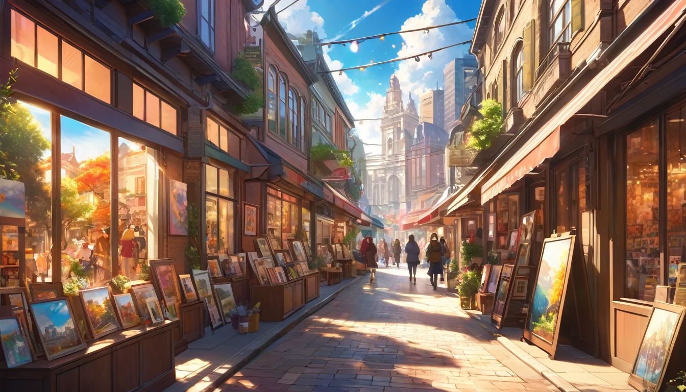 a busy anime-style street with many art galleries, detailed colorful paintings displayed in the shop windows, bright sunlight, warm tones, vibrant city atmosphere, highly detailed, masterpiece, photorealistic, 8k, cinematic lighting, dramatic colors, impeccable rendering