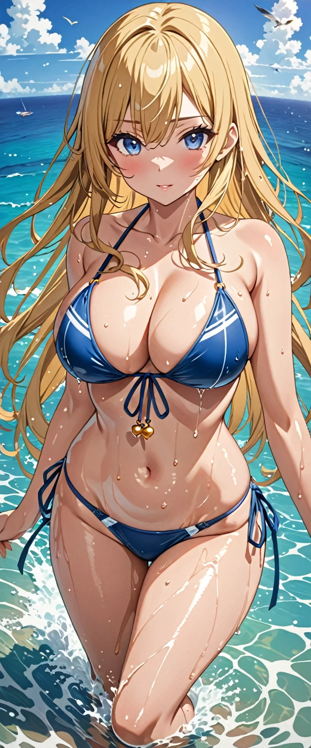 ((masterpiece)), ((high quality)), ((super detailed)), ((high resolution)) ,((8k)), a beautiful woman, ((She is one of the most famous female Gravure Idol in the world.)), unparalleled beauty, ((huge breast)), ((large ass)), ((deep cleavage)), slim waist, chest out, ultra detailed face, perfect skin, (((Blonde straight hair))), blue eyes,  detailed eyes, whole body image, (((anime))), ((glamorous)), 24 years old, ((incredibly beautiful woman)), ((The I cup bust)),  ((((Latest model string bikini)))),  ((beautiful breasts)), beautiful legs, 8 life size, anime, the most beautiful and strongest, ((charm)), ((British beauty)), ((Grown-up face)), ((Okinawa's ocean, Clear skies,  Swimming gracefully in the sea, wet)), ((Bewitching)), voluptuous, 