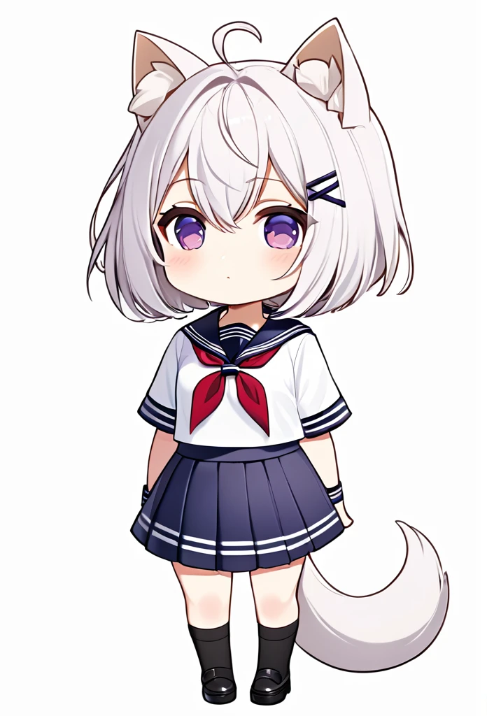 master piece, best quality, high resolution / hires, ultra-detailed, illustration, from front, (chibi character:1.2), (1woman:1.2),FilianSailor, purple eyes, tail, short hair, hairclip, hair bell, serafuku, red neckerchief, blue skirt, ((simple white background)),