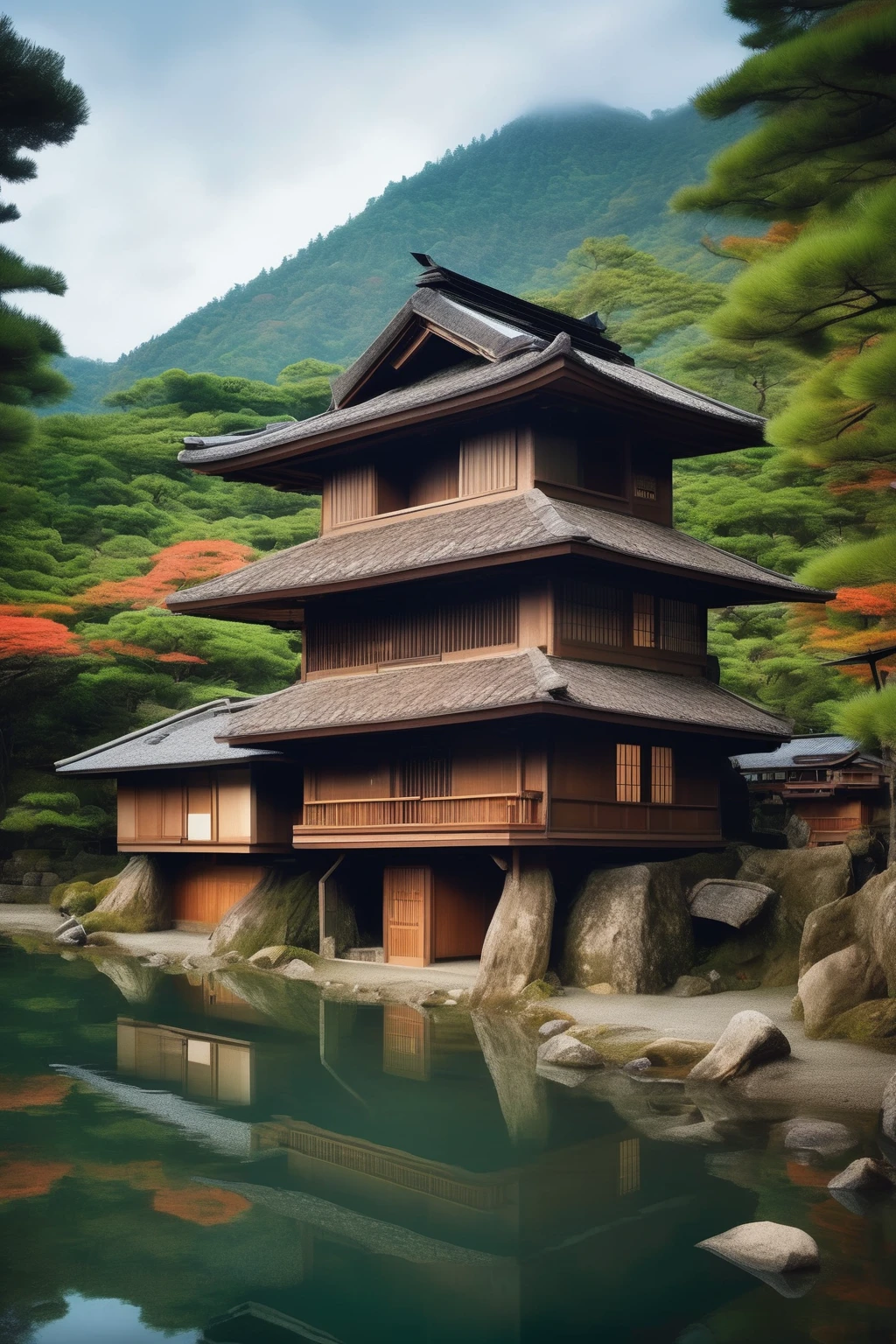 Visualize a traditional Japanese inn perched at the edge of a mystical lake, surrounded by dense, verdant mountains. The structure mimics the 'Bathhouse' from 'Spirited Away,' with its rustic wooden architecture and rust-colored tile roofing. Mysterious features like hidden doors and secret passages are woven into the design, enhancing the allure and enigma of the building, inviting exploration and wonder.