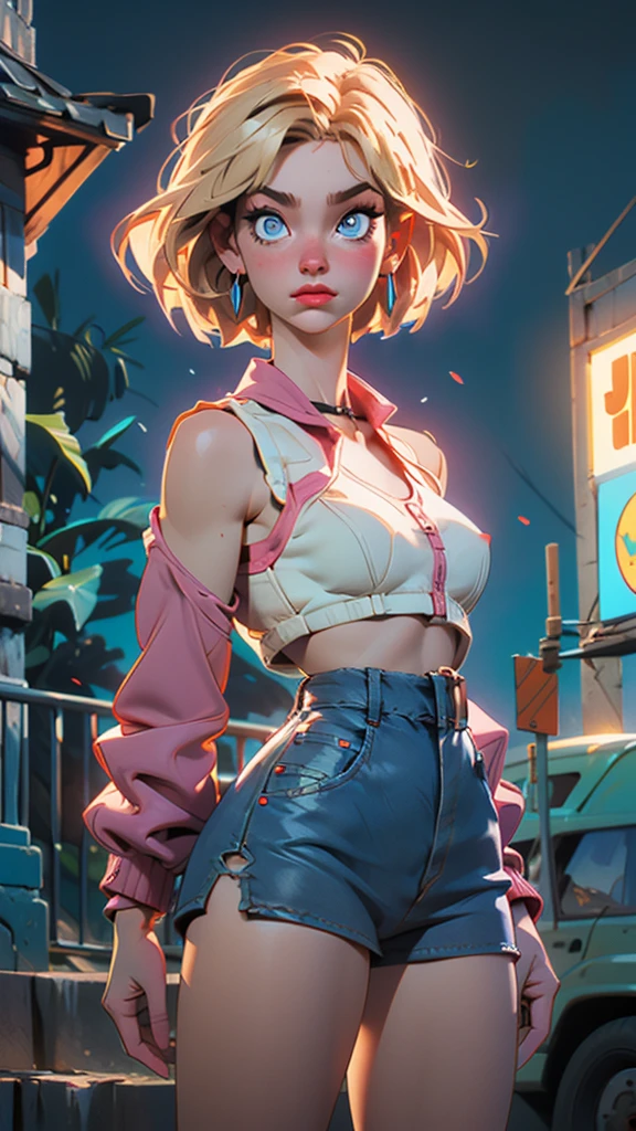 unparalleled masterpiece, ultra realistic 8k CG, perfect artwork, (1girl:1.1) , solo, ((perfect female figure)), (nsfw), looking at viewer, mature female, bimbo (android 18) standing, (teasing), best quality:1.1 , seductive posture, sexy pose, alluring, (beautiful), (curvy), (thick), blonde hair, (blue eyes:1.2), short hair, earrings, jewelry, denim vest, open vest, black pantyhose, black shirt, denim skirt, striped long sleeves, blue skirt, toned legs, fit, (abs:1.1), (big butt:1.4), peach ass, (athletic body:1.2), (large breasts:1.3, (big_breasts:1.1), wide_hips:1.5, narrow waist, small waist:1.5, slender body:1.2, thick thighs:1.3), (shiny skin:1.2), (hdr), (street:1.2), Nikon D850 film stock photograph Kodak Portra 400 camera f1.6 lens, rich colors, lifelike texture, dramatic lighting, unreal engine, trending on ArtStation, by Gerald Brom, by Frank Frazetta, by Luis Royo, by Julie Bell, by Boris Vallejo