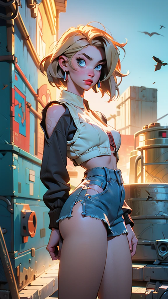 unparalleled masterpiece, ultra realistic 8k CG, perfect artwork, (1girl:1.1) , solo, ((perfect female figure)), (nsfw), looking at viewer, mature female, bimbo (android 18) standing, (teasing), best quality:1.1 , seductive posture, sexy pose, alluring, (beautiful), (curvy), (thick), blonde hair, (blue eyes:1.2), short hair, earrings, jewelry, denim vest, open vest, black pantyhose, black shirt, denim skirt, striped long sleeves, blue skirt, toned legs, fit, (abs:1.1), (big butt:1.4), peach ass, (athletic body:1.2), (large breasts:1.3, (big_breasts:1.1), wide_hips:1.5, narrow waist, small waist:1.5, slender body:1.2, thick thighs:1.3), (shiny skin:1.2), (hdr), (street:1.2), Nikon D850 film stock photograph Kodak Portra 400 camera f1.6 lens, rich colors, lifelike texture, dramatic lighting, unreal engine, trending on ArtStation, by Gerald Brom, by Frank Frazetta, by Luis Royo, by Julie Bell, by Boris Vallejo
