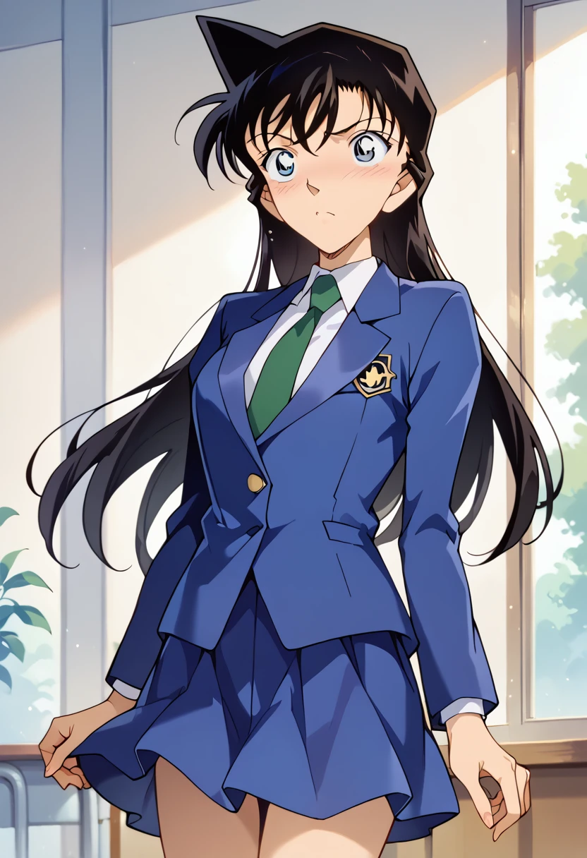 ((masterpiece,High resolution,Highest quality,8k))(Detective Conan,Mouri Ran,Black Hair,Long Hair,Slender figure,,Blue blazer and skirt,tie)blush,