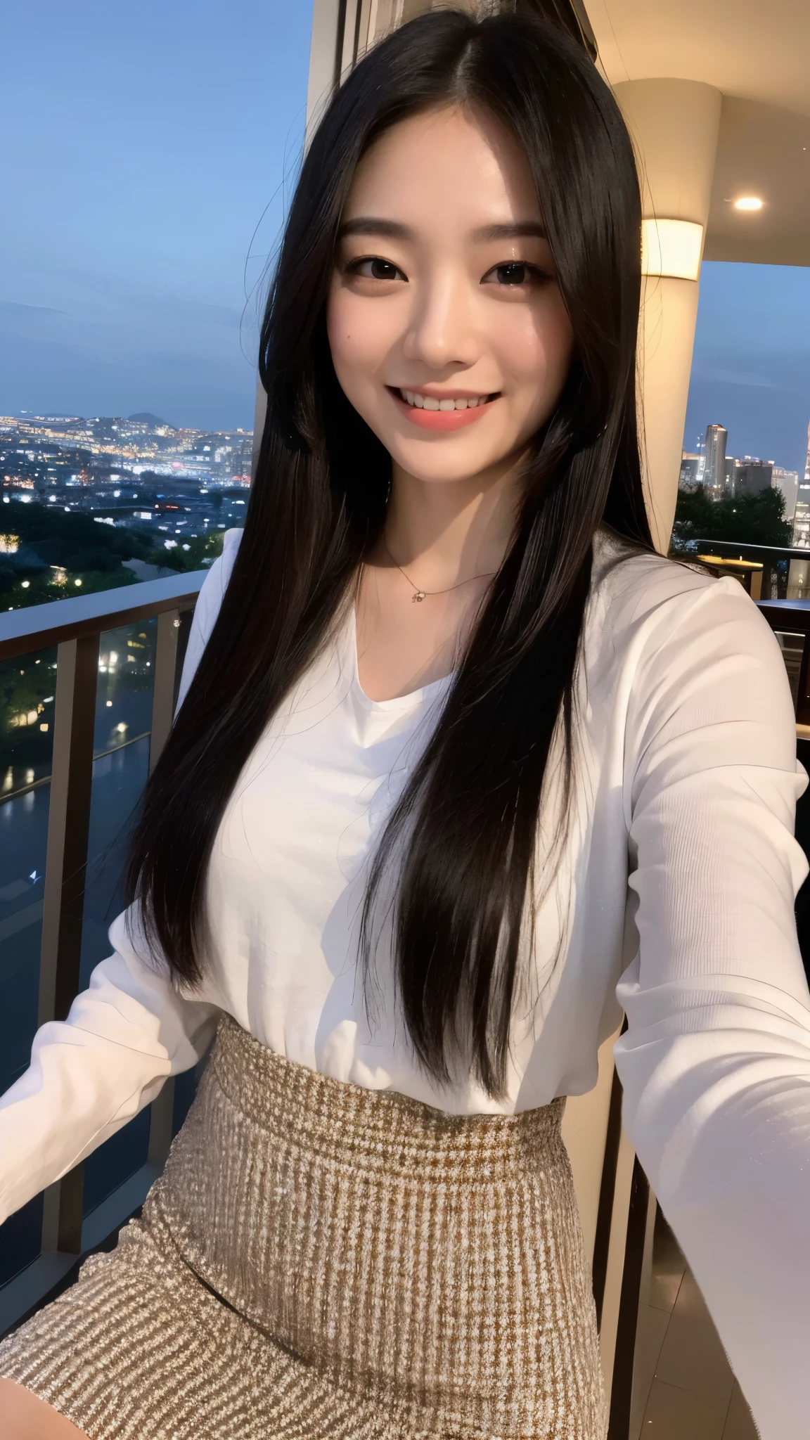 (Highest quality, 8k, 32K, masterpiece, Ultra-high resolution:1.2),Beautiful Japanese Women Photos, One Girl,Long Black Hair,balcony,smile,Night view,White shirt,Black Skirt