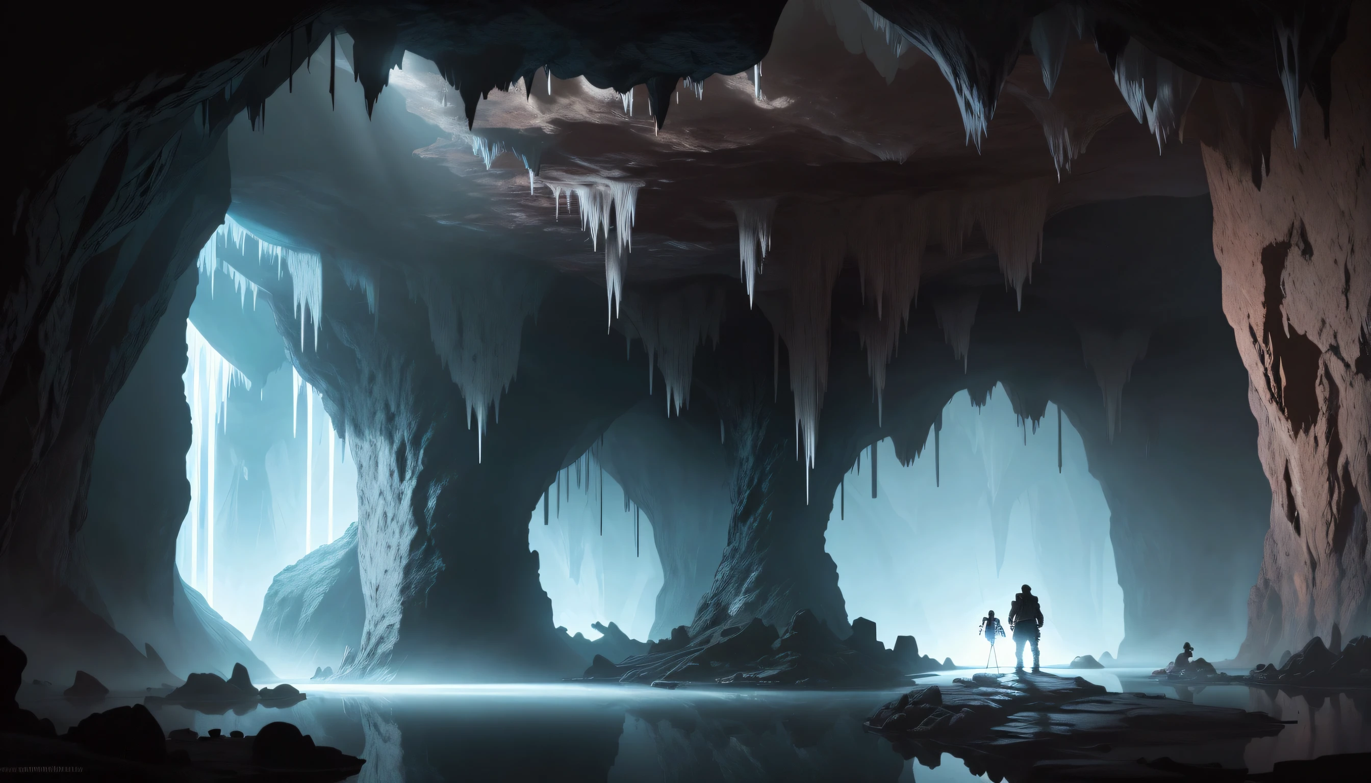 A huge underground cavern where no sunlight reaches, Many stalactites and stalagmites, Dark Environment, Dim lighting, Silhouette of a hero holding a torch in the middle of a lake