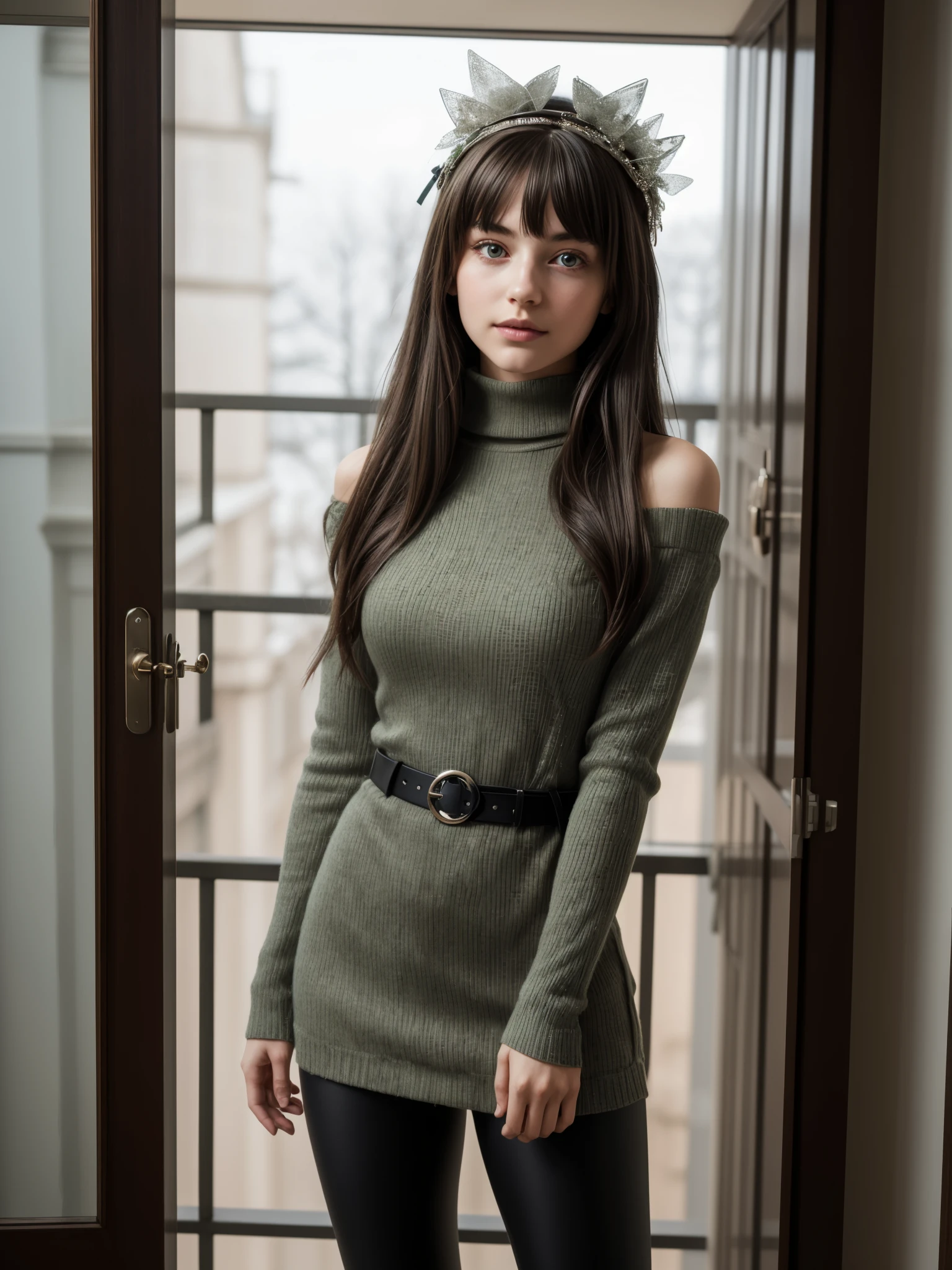 girl wearing winter dress, BREAK, 1girl, winter dress, shoulder sleeves, turtleneck, see-through leggings, detailed face, looking at viewer, very long hair, very straight hair, fluffy bangs, ornamental ribbon headpiece, , stylish delicate belt, glittering crystal buckle, (yo, cute:1.3), (breasts:1.2), cross arms, confidence posture, masterpiece, best quality, realistic, detailed texture, green color, on the balcony, depth of field, cinematic lighting, light reflection,