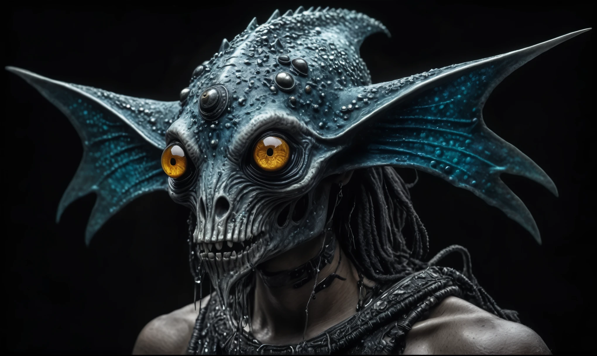 full body length shot,nerd graphite  Alien Entity,native africa slave ,azctec Finnish Lapland,Cinematic,soft colors, Technicolor,natural skin textures, hyper realism, hyper detailed,Extremely detailed,High contrast,Masterpiece,Realistic,Ultra Detailed, intricate details,realistic humid leather,extremely intricate details,Epic Realistic, cinematic style, irina yermolova,high contrast,hdr,extremely detailed, [deep night landscape],masterpiece, intricate details, eyes extremely detailed, high detailed eyes,8k resolution,retina, Nikon Z9,Korea,orc,Egypt, Pisces, transition between two art styles,full body length, Double contact, X-ray, Creative, vivid light, fantasy, Abstract, Surrealism, super detailed, high resolution,insanity national folk wear,skin  almost translucent, gothic elements,Mestichino,Light particles,chaos,starfish's leather,"(The best lighting, dark, dramatic),(alien animal half-skull fetus, Hellraiser, Scars, , poison brain, , a rat inside the head, terror.),(fish eyes, calaveras