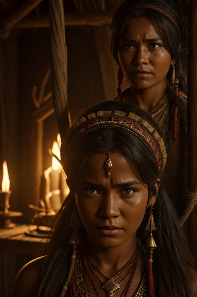 Few repentant tribe members, UHD, realistic, remorseful expressions, detailed scene, cinematic lighting, high resolution"
