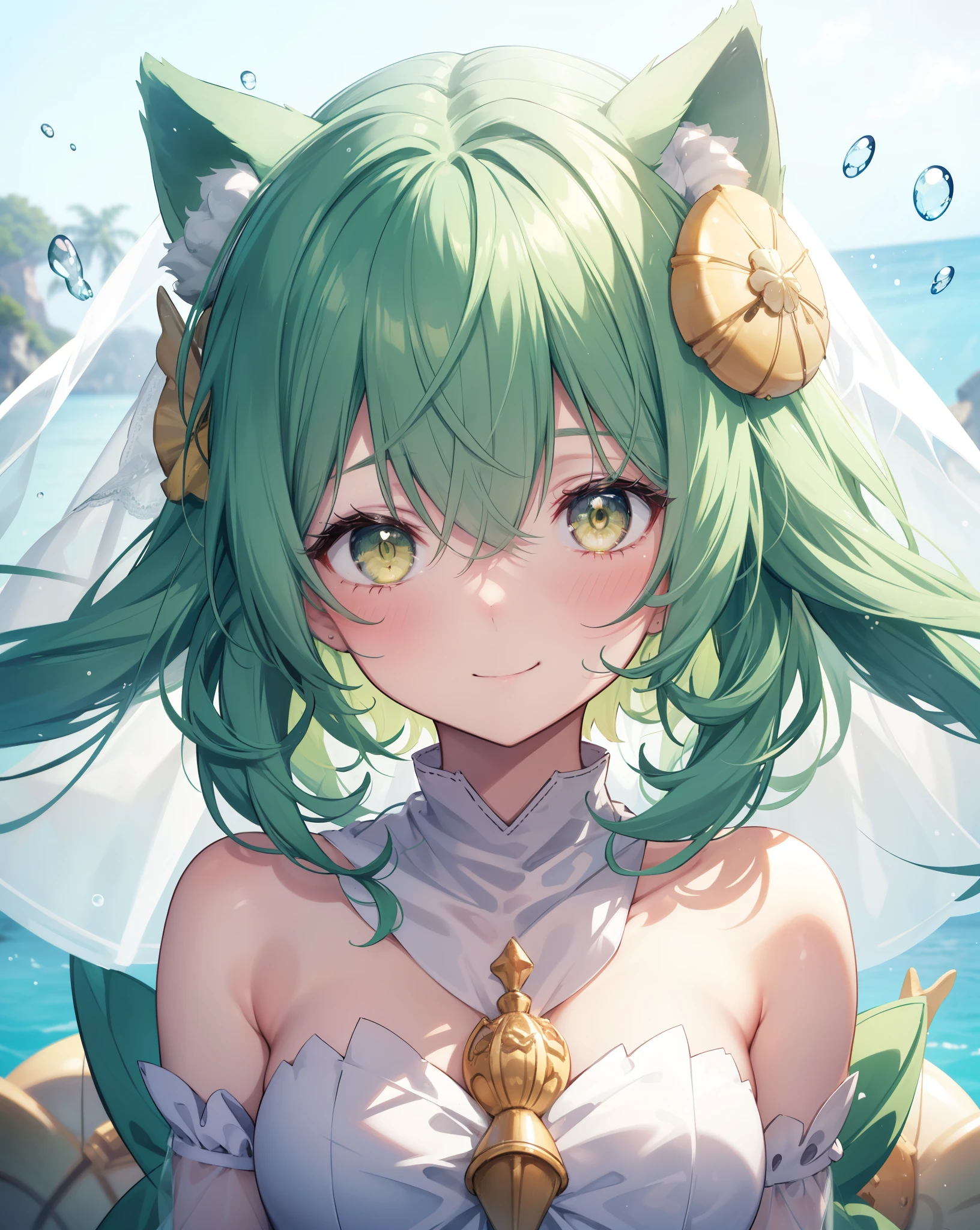 1girl, neko ears, green hair, yellow eyes, living in a bubble under the sea. she's happy.  She has a little smile. Funny. She is wearing Shells and a veil. Highly detailed zoomed portrait, face focus, blurry Background. She is blushing.