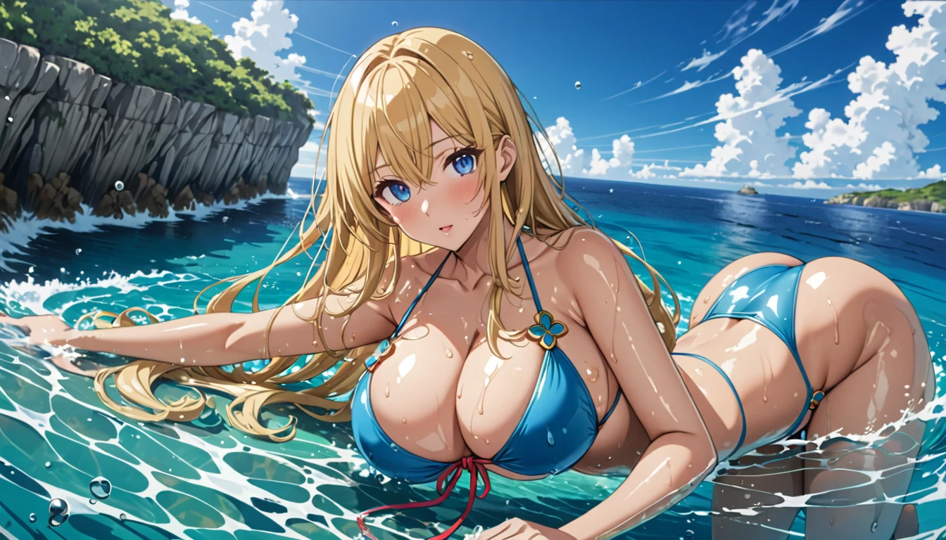 ((masterpiece)), ((high quality)), ((super detailed)), ((high resolution)) ,((8k)), a beautiful woman, ((She is one of the most famous female Gravure Idol in the world.)), unparalleled beauty, ((huge breast)), ((large ass)), ((deep cleavage)), slim waist, chest out, ultra detailed face, perfect skin, (((Blonde straight hair))), blue eyes, detailed eyes, whole body image, (((anime))), ((glamorous)), 24 years old, ((incredibly beautiful woman)), ((The I cup bust)), ((((Latest model string bikini)))), ((beautiful breasts)), beautiful legs, 8 life size, anime, the most beautiful and strongest, ((charm)), ((British beauty)), ((Grown-up face)), ((Okinawa's ocean, Clear skies, Swimming gracefully in the sea, wet)), ((Bewitching)), voluptuous,
