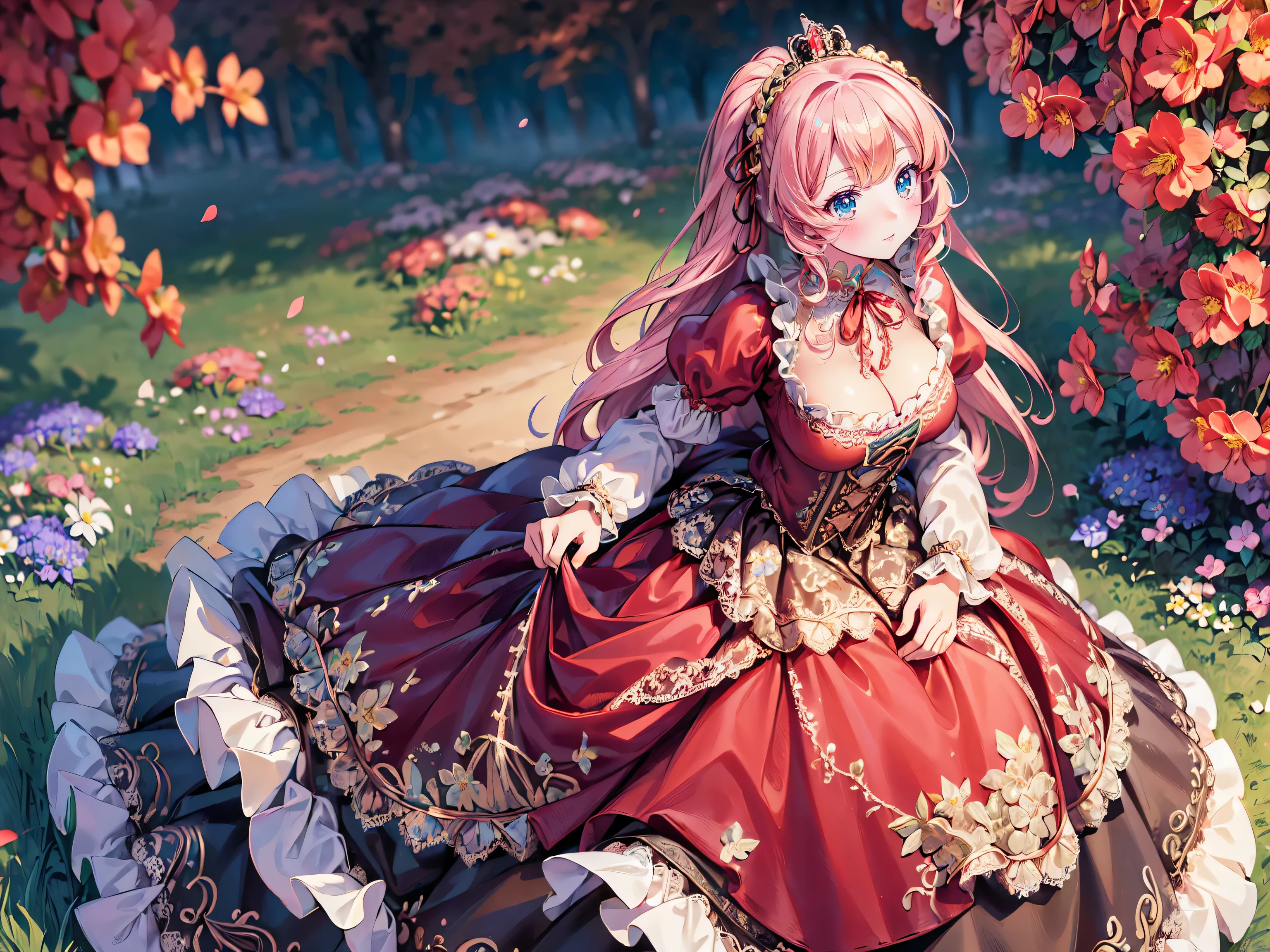 ((Superbly detailed drawing, ultra detailed, exquisite quality, absolutely resolution)), (((young face solo princess))), (((Unsurpassed gorgeous rococo victorian gown with voluminous huge hoopskirt and long hems, princess style skirt:1.5))), ((transparency gown, fluffy and full of pleats skirt:1.3)), (Super detailed and intricate exquisite design gown:1.5), ((overwhelming amount many ruffles with ribbons with intricate lace with Super detailed and intricate embroidery gown:1.9)), ((huge breasts, breasts cleavage)), (ponytail, fluffy long Expressive, hair pink hair), super voluminous long hair, hair ornament tiara, embarrassed, (((curtsey:2))), (blurry background, depth of field:1.5), super detailed skin, super delicate and beautiful face, (eyes blue eyes), (backlighting, particle effect, caustics), (((sharp focus))), ((lot's of colorful flowers, in fog forest:1.5)), (fisheye lens:1.3), (very wide shot, magnificent panorama view, dynamic angle:1.5), ((full body)), (looking viewer, looking up, from above, from front:1.5),