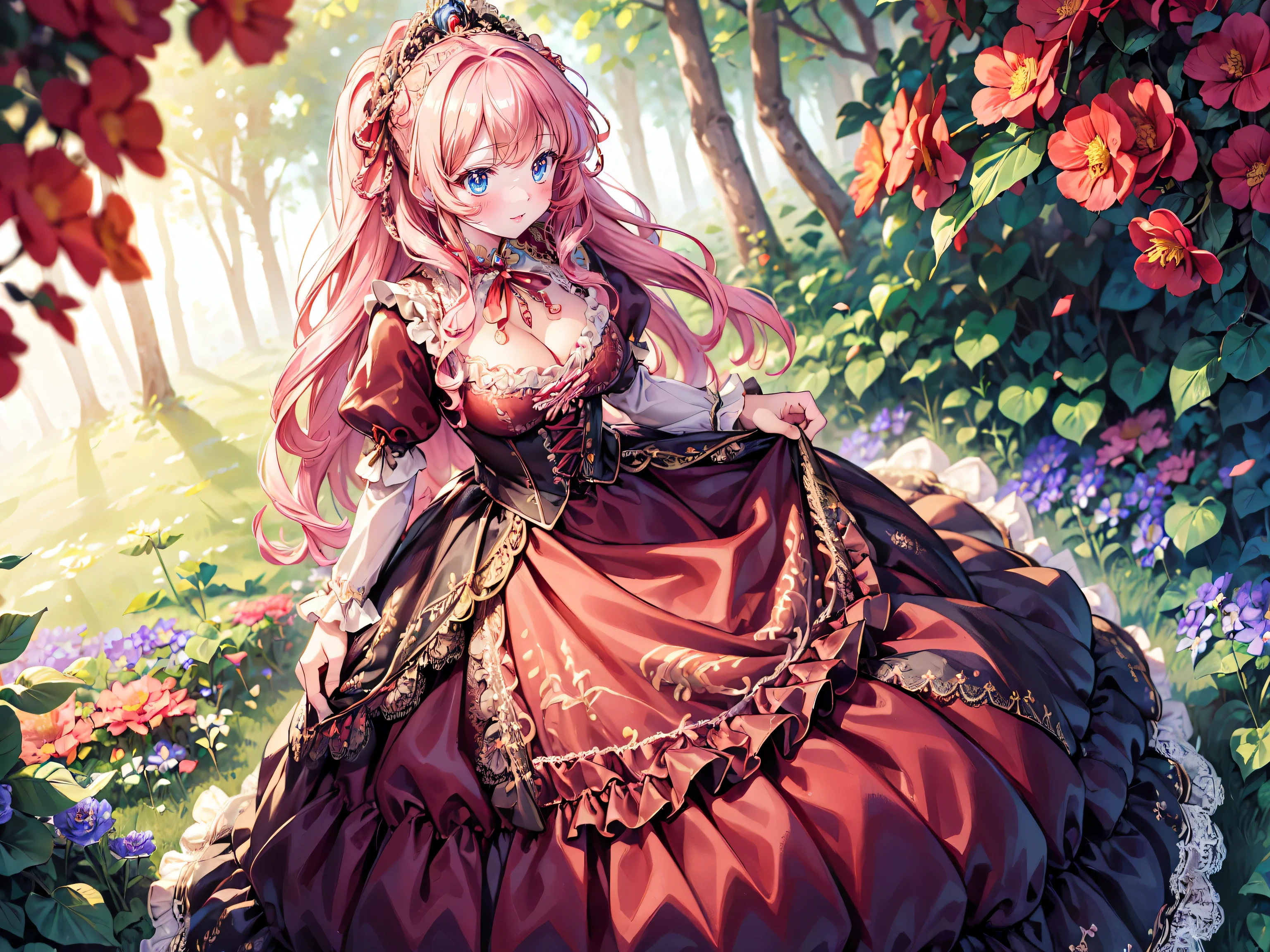((Superbly detailed drawing, ultra detailed, exquisite quality, absolutely resolution)), (((young face solo princess))), (((Unsurpassed gorgeous rococo victorian gown with voluminous huge hoopskirt and long hems, princess style skirt:1.5))), ((transparency gown, fluffy and full of pleats skirt:1.3)), (Super detailed and intricate exquisite design gown:1.5), ((overwhelming amount many ruffles with ribbons with intricate lace with Super detailed and intricate embroidery gown:1.9)), ((huge breasts, breasts cleavage)), (ponytail, fluffy long Expressive, hair pink hair), super voluminous long hair, hair ornament tiara, embarrassed, (((curtsey:2))), (blurry background, depth of field:1.5), super detailed skin, super delicate and beautiful face, (eyes blue eyes), (backlighting, particle effect, caustics), (((sharp focus))), ((lot's of colorful flowers, in fog forest:1.5)), (fisheye lens:1.3), (very wide shot, magnificent panorama view, dynamic angle:1.5), ((full body)), (looking viewer, looking up, from above, from front:1.5),