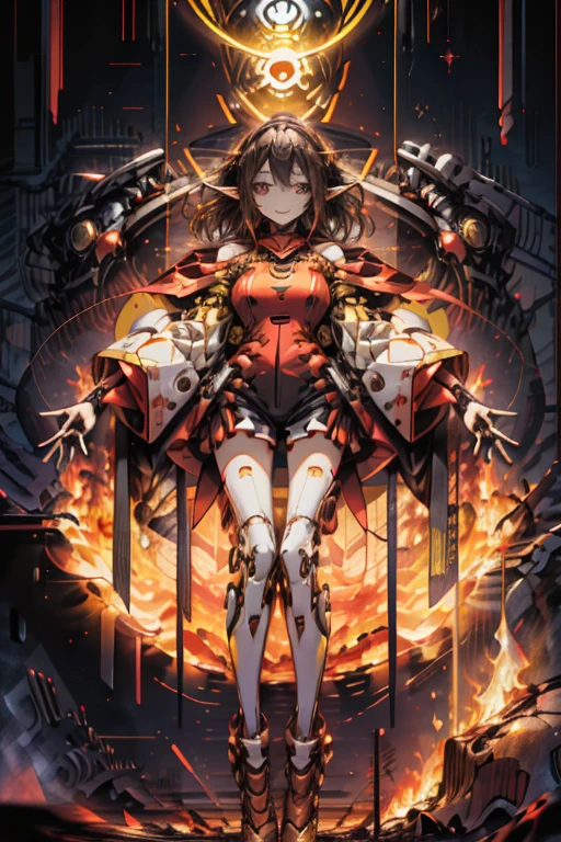 Megumin , red pupils, black fur, two braids, red dresses，Black and yellow embroidery, elven ears, Playing in a lava field, pretty hands perfect hands, jumping in the air, in a crater full of fire and dead, smug smile, muscular body, arrogant smile, yelling, annoyed, arms outstretched, legs apart, blood on the floor, cane in both hands