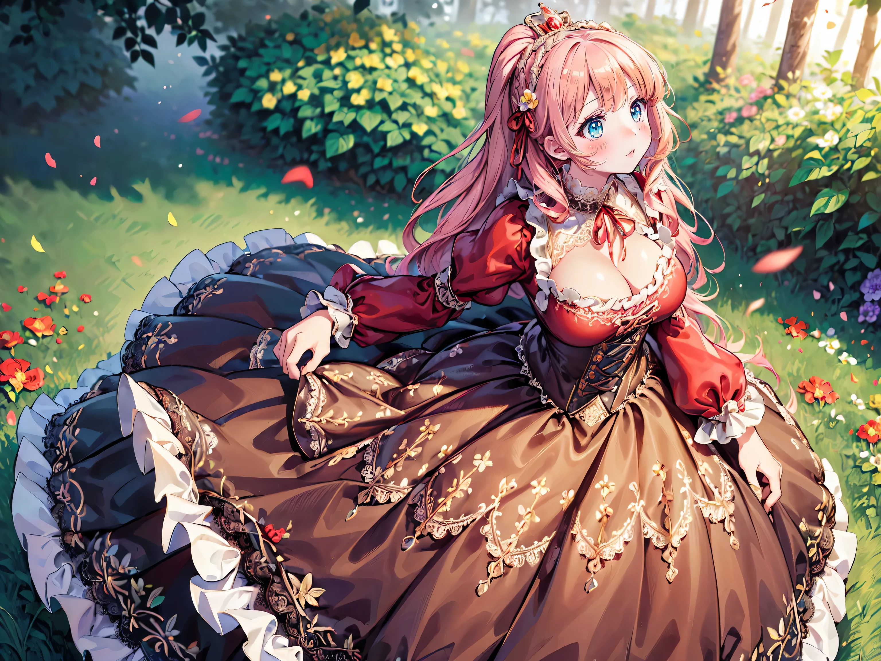 ((Superbly detailed drawing, ultra detailed, exquisite quality, absolutely resolution)), (((young face solo princess))), (((Unsurpassed gorgeous rococo victorian gown with voluminous huge hoopskirt and long hems, princess style skirt:1.5))), ((transparency gown, fluffy and full of pleats skirt:1.3)), (Super detailed and intricate exquisite design gown:1.5), ((overwhelming amount many ruffles with ribbons with intricate lace with Super detailed and intricate embroidery gown:1.9)), ((huge breasts, breasts cleavage)), (ponytail, fluffy long Expressive, hair pink hair), super voluminous long hair, hair ornament tiara, embarrassed, (((curtsey:2))), (blurry background, depth of field:1.5), super detailed skin, super delicate and beautiful face, (eyes blue eyes), (backlighting, particle effect, caustics), (((sharp focus))), ((lot's of colorful flowers, in fog forest:1.5)), (fisheye lens:1.3), (very wide shot, magnificent panorama view, dynamic angle:1.5), ((full body)), (looking viewer, looking up, from above, from front:1.5),
