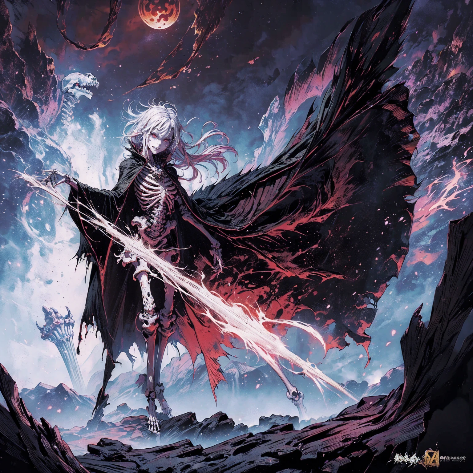 (full body:1.5), (wide shot:1.2), best quality, 4K, high resolution, (masterpiece:1.2), Very detailed, (actual:1.37), (anatomically correct:1.2), Mood lighting, A black hair young undead girl in a long cape, Whole body including hands & arms & legs & feet are all skeleton bones but except the head is still beautiful human face, Wearing a ragged gothic skirt, Shaded expression, Aloofness emotion, Dangerous sneer, beautiful but sorrowful smile, Black tears of blood flowed from eyes, lean on one side floating above ground, Facing the camera, Crucified, Pitch black sky, Blood-red moon, strange atmosphere, Gothic style, Unforgettable beauty, Dramatic shadows, Ethereal Light, Mysterious atmosphere, Necromancer, Dark Magic, Resurrection of the Dead, Resurrected zombies and skeletons roaming around, bone dragon, pathfinder: wrath of the righteous: lich myth path.