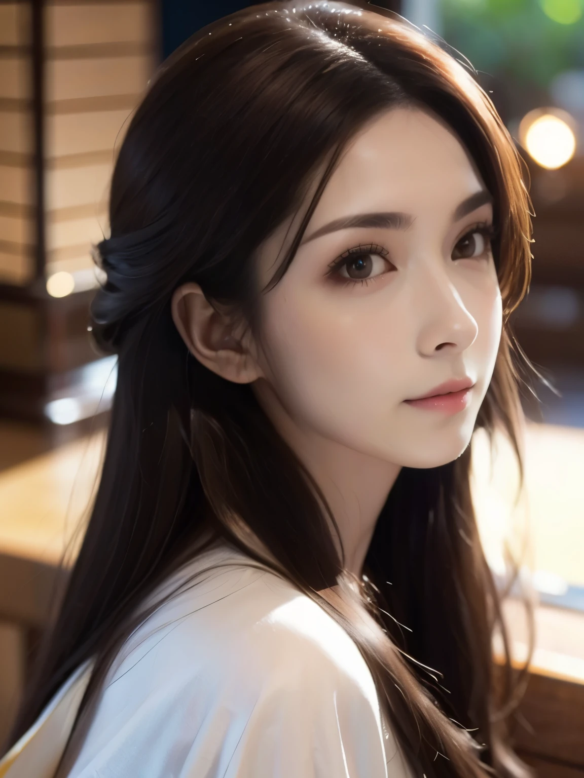 1woman,28yo,Close up,((face focused)),Detailed details,、high resolution、high quality、Perfect dynamic composition、Beautiful detailed eyes、Natural Color Lip、1 persons、Transparent skin、Glowing hair、smiling,masterpiece、Best Quality、finely detail、high resolution、8K、The correct state of the human body、She wears a navy blue long knit dress、randome pose、Gravure Model Pose、Hair soaring in the wind