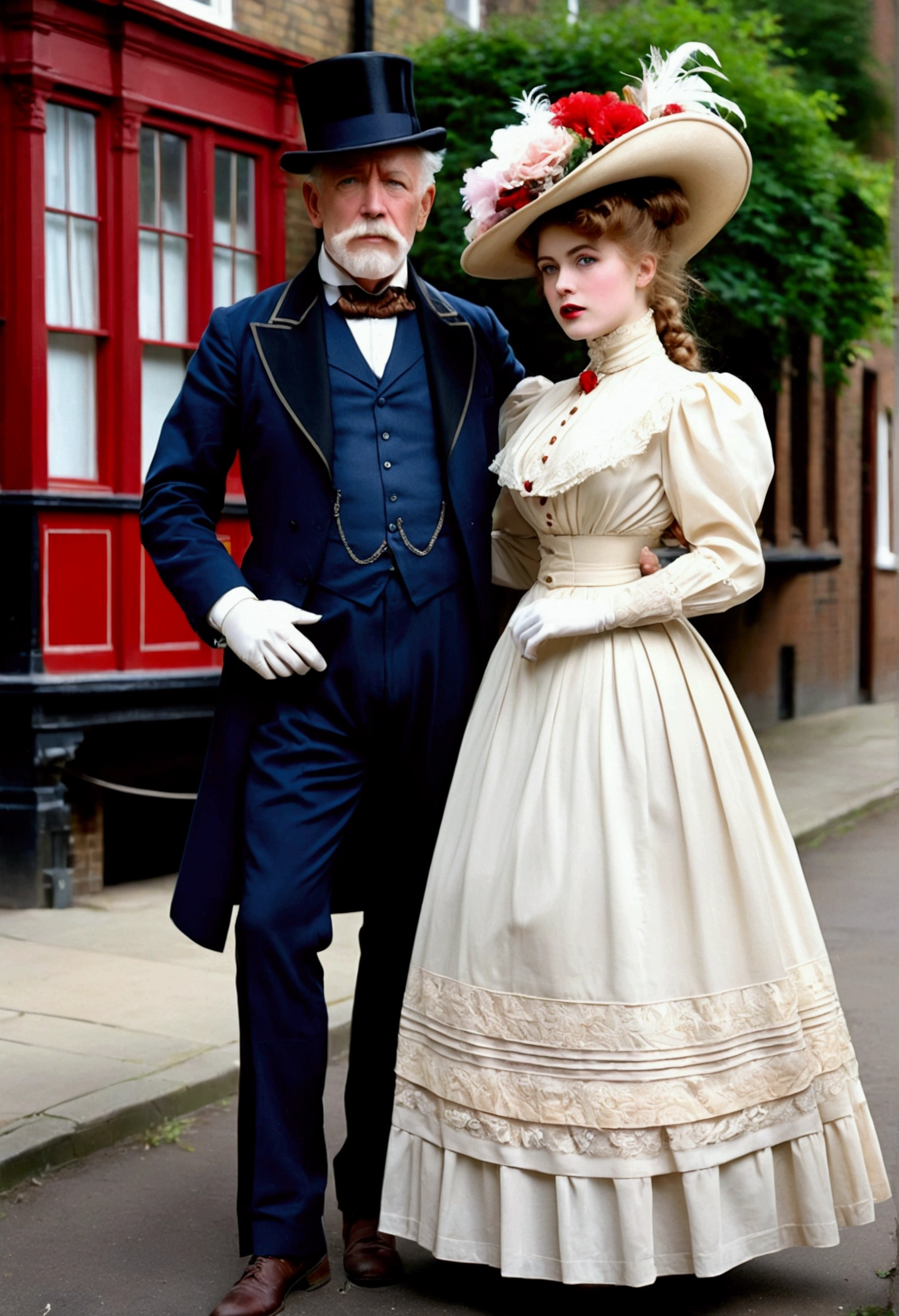 Betty Cooper as a stunningly beautiful **yo blonde Gibson Girl of the 1890s wearing a blue 1890_dr3ss, picture hat, parasol, gloves, perky pushed up breasts, 9in wasp waist. (((Dry-humped by a large old man standing behind her, grabbing her breasts))) (((NSFW))). 1girl, 1man 