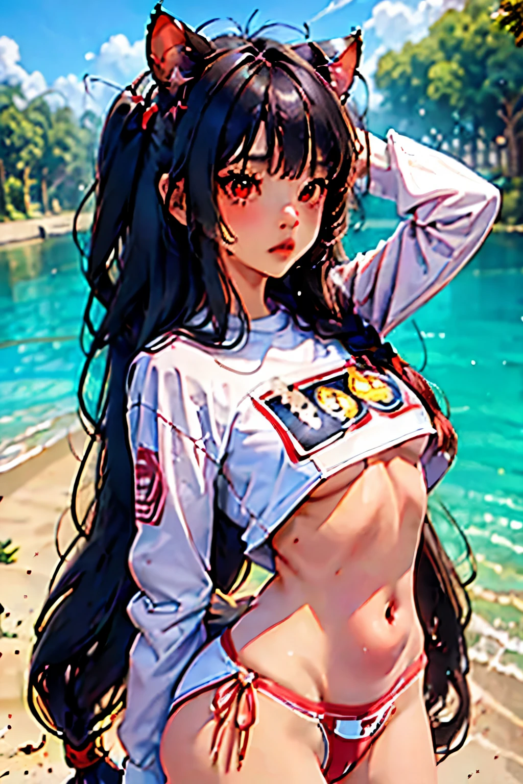 ((junkotvv, black hair, red eyes, extremely long hair, messy hair, neko ears)),1girl in, Pink twin-tailed hair, blue eyess, a navel, Look at viewers, put hands on the hip, swim wears（The bikini）、cold outdoors, Rat trail section, (white  shirt:1.2), Very long hair, Wide waist,
under the 、swim wears、
Big\(BodyProportions\),