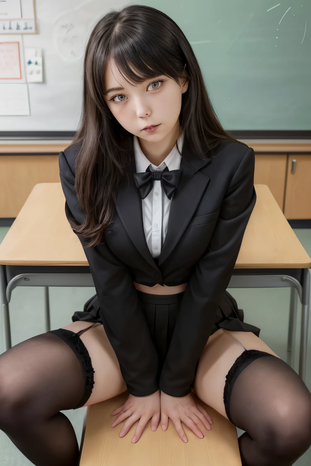 Black suit、Tight Skirt、black high stockings、Red Garter Belt、Sitting at the Teaching Table、Spread your legs wide、Tight Skirtの中から見える赤いレースのパンティー、School classroom、female teacher、Support your body with both hands and lean back