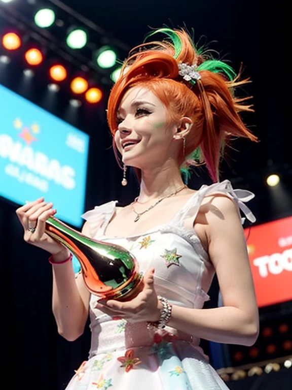 Award-Winning Moment, girl, solo, music, Award, stage, Trophy, illumination, The spectators cheer, Acceptance speech, Stylish outfit, Tears of joy. Mohawk, Side Cropped Hair, Green Hair, Orange side hair, Earrings, White Face, undercut,