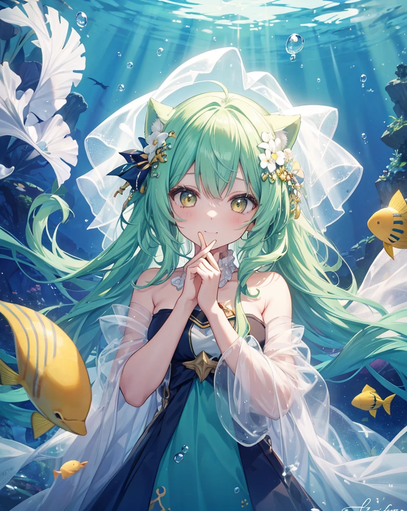 1girl, neko ears, green hair, yellow eyes, living in a bubble under the sea. she's happy. Anime Scenery underwater. She has a little smile. She is playing with bubbles. Funny. She is wearing Shells and a veil. Entire figure highly dynamic scene, cute fishes swimming around her. She is magic, He has a magic trident. She is the queen of the sea.