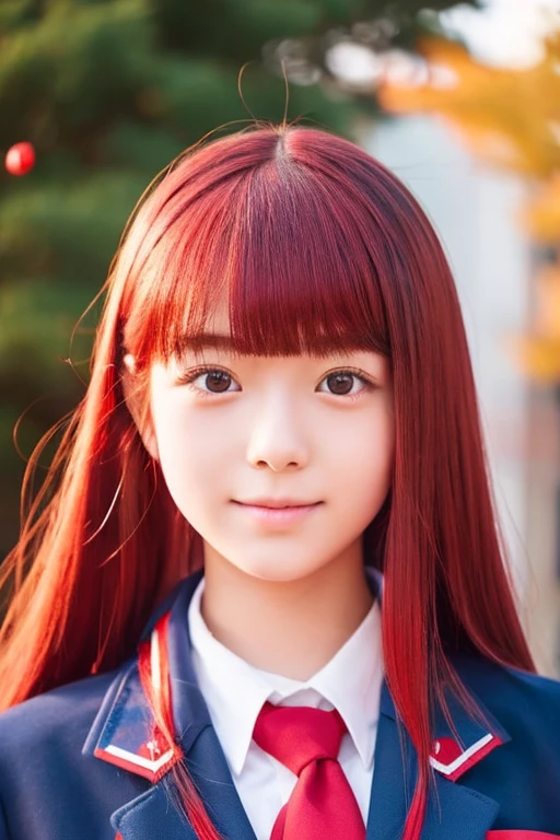 high school japanese girl with uniform and red flying hair. confident. smart. sharp