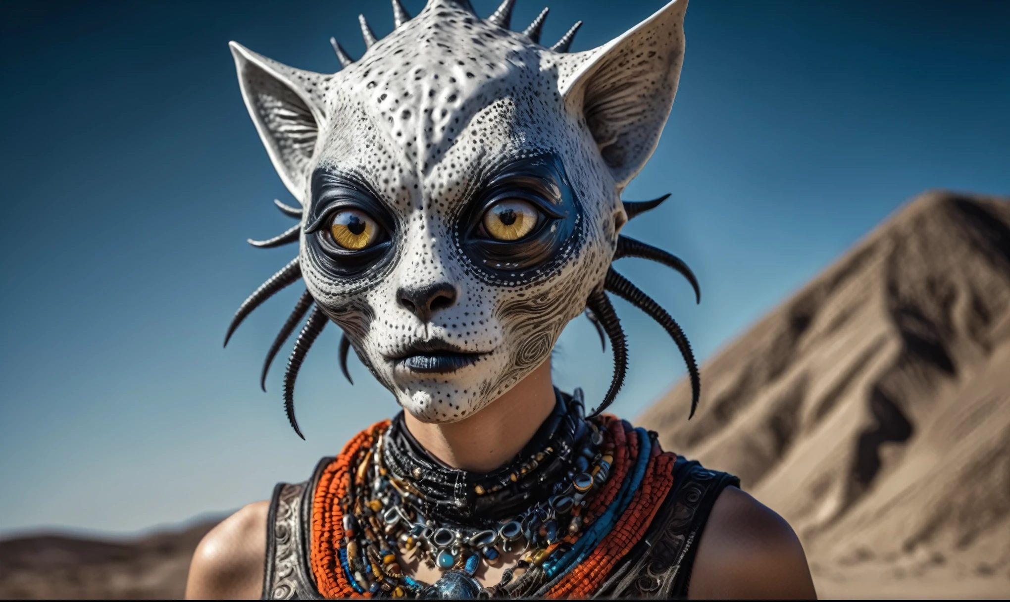 full body length shot,nerd graphite Alien Entity,native africa slave ,azctec Finnish Lapland,Cinematic,soft colors, Technicolor,natural skin textures, hyper realism, hyper detailed,Extremely detailed,High contrast,Masterpiece,Realistic,Ultra Detailed, intricate details,realistic humid leather,extremely intricate details,Epic Realistic, cinematic style, irina yermolova,high contrast,hdr,extremely detailed,day landscape,masterpiece, intricate details, eyes extremely detailed, high detailed eyes,8k resolution,retina, Nikon Z9,Korea,orc,Egypt, Pisces, transition between two art styles,full body length, Double contact, X-ray, Creative, vivid light, fantasy, Abstract, Surrealism, super detailed, high resolution,insanity national folk wear,skin almost translucent, gothic elements,Mestichino,Light particles,chaos,starfish's leather,"(The best lighting, dark, dramatic),(Persian alien cat half-skull fetus, Hellraiser, Scars, , psy brain,terror.),(fish eyes, calaveras